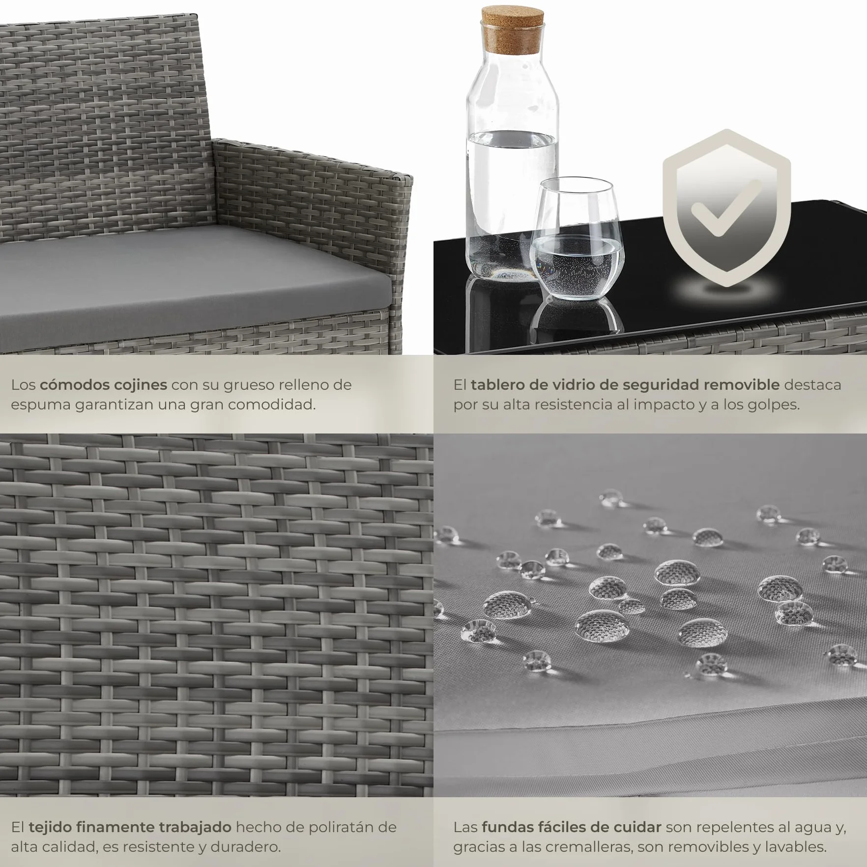 tectake® Conjunto Jardin Exterior de Ratán, Muebles Jardin Exterior para 4 Personas, Muebles Terraza con Mesa de Vidrio, Sofa Exterior y Sillas con Cojines Lavables, Sillon Cómodo - Gris