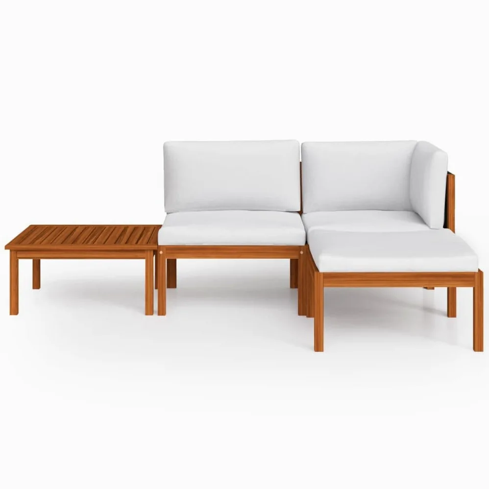 Hothingwell - Salón de jardín de 4 piezas, madera acacia crema cuerda | Respaldo de cuerda trenzada, pino macizo duradero, diseño modular, cojín de goma incluido