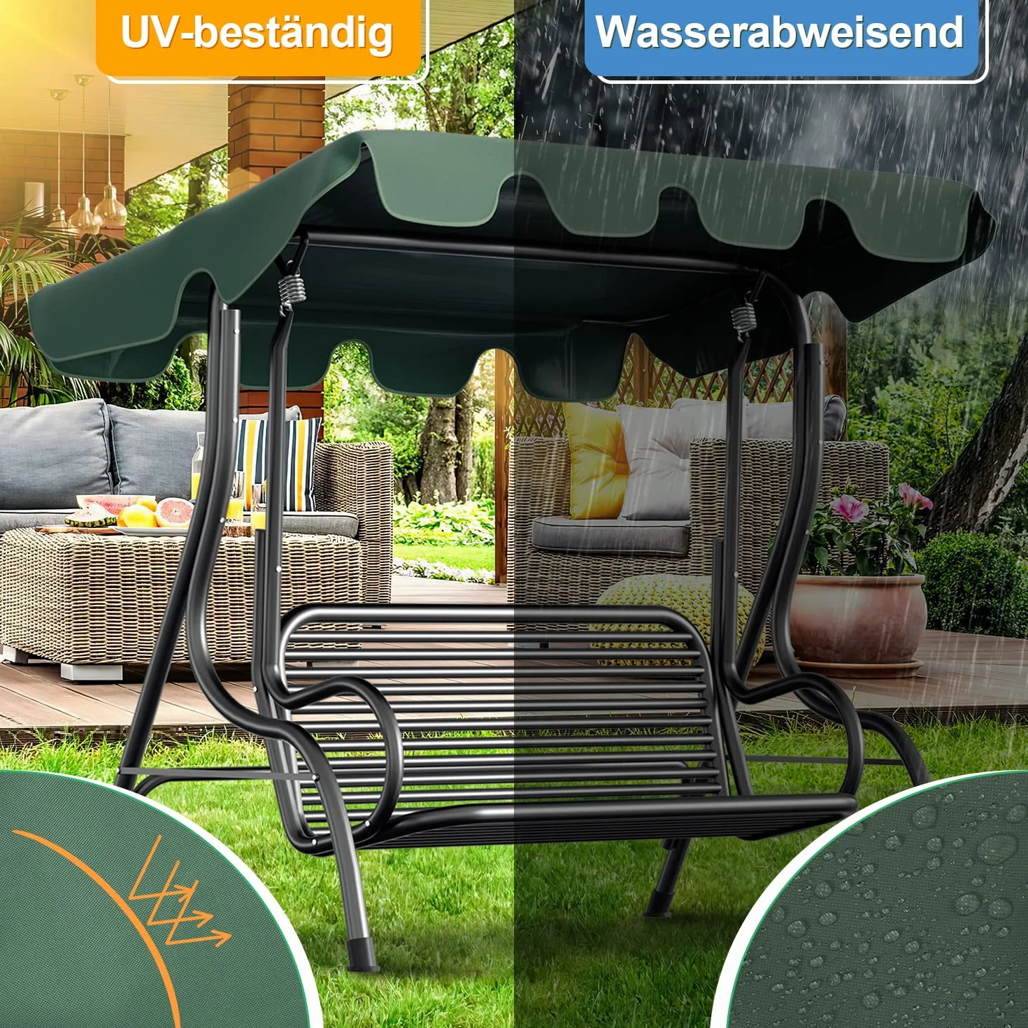 Gimisgu Techo de repuesto para columpios de Hollywood, techo de repuesto universal, 210 x 145 cm, toldo para 3 plazas, resistente al agua y protección UV para columpio de jardín, color verde