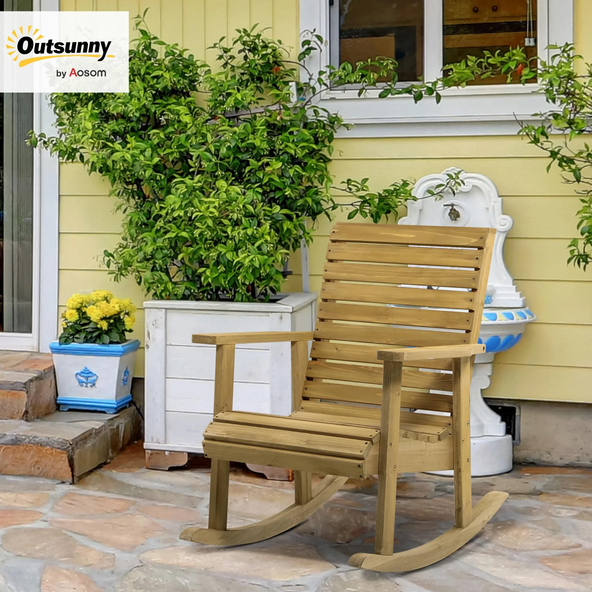 Outsunny Silla Mecedora de Madera de Abeto Mecedora Balancín con Reposabrazos y Diseño de Lamas Carga 130 kg para Jardín Terraza Patio Porche 86x64x85 cm Natural