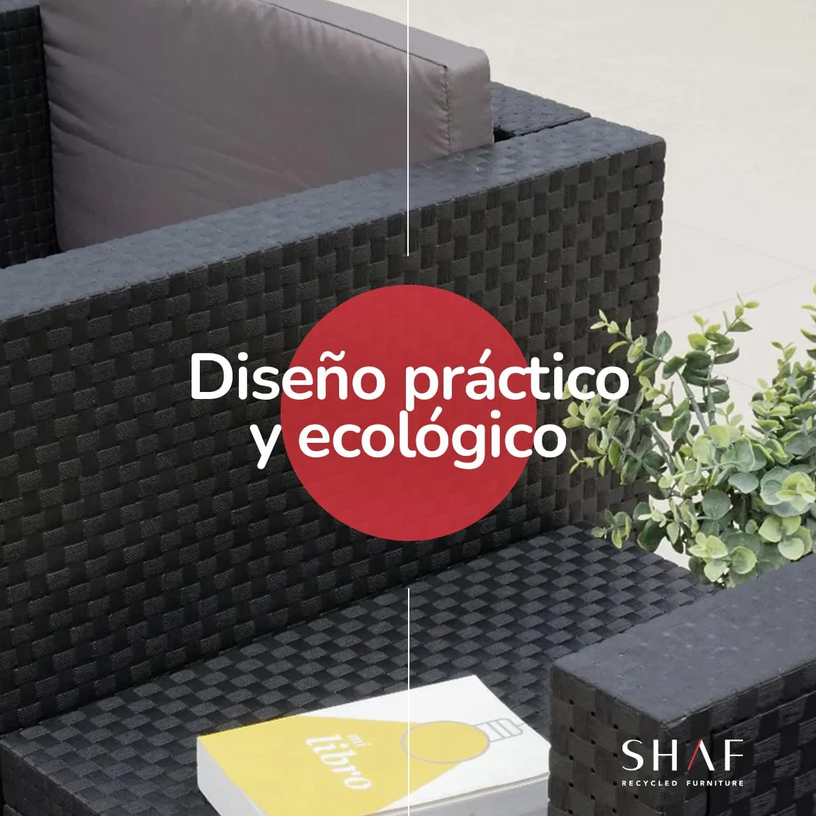 SP Berner SHAF - Conjunto Jardín Exterior y Terraza - Sofá de 2 plazas, 2 Sillones, Mesa Baja y Cojines Asiento - Plástico Reciclado - Set EVO Confort - Grafito