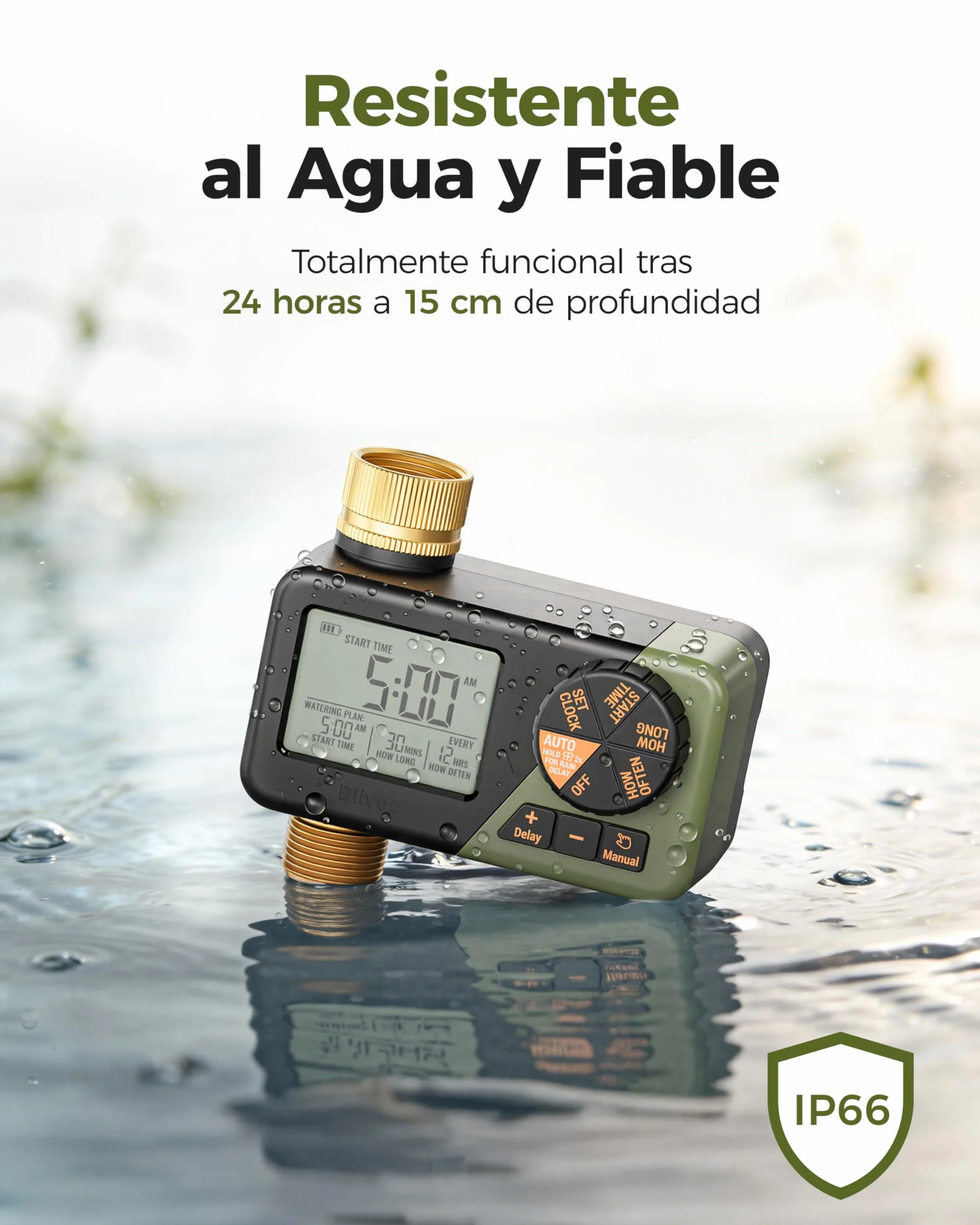 Diivoo Programador Riego con Entrada y Salida de Latón, Temporizador Riego Automatico con Impermeable IP66, Retraso por Lluvia, Riego Manual, Programador de Riego a Pilas para Jardín, Césped