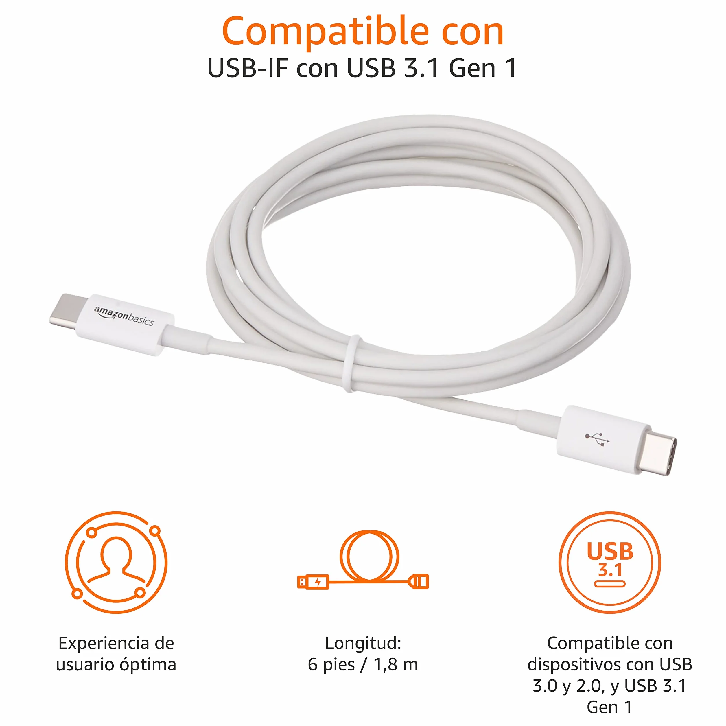 Amazon Basics Cable USB-C a USB-C 480 Mbps certificado USB-IF 1.8 m blanco