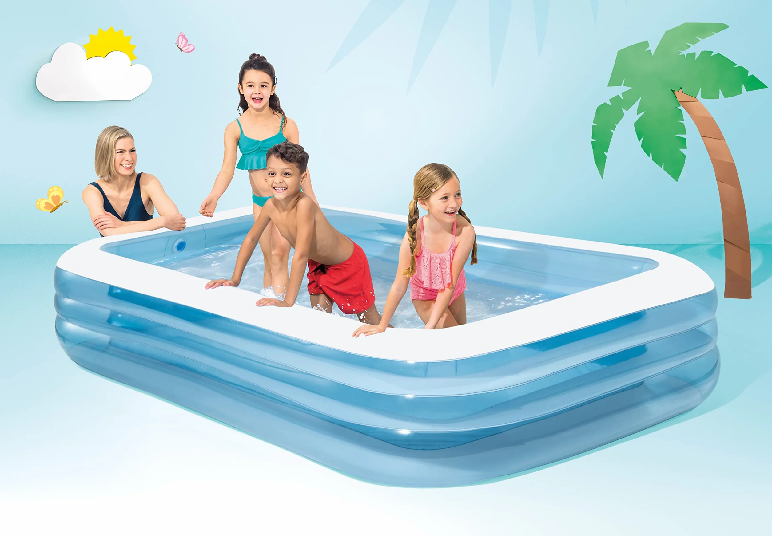 Intex Piscina Hinchable Infantil Rectangular, 305x183x56 cm, 1.020 litros, 3 Cámaras de Aire, Estable, Tapón de desagüe, Vinilo, Larga duración, Parche de reparación, para niños Desde 6 años (58484)