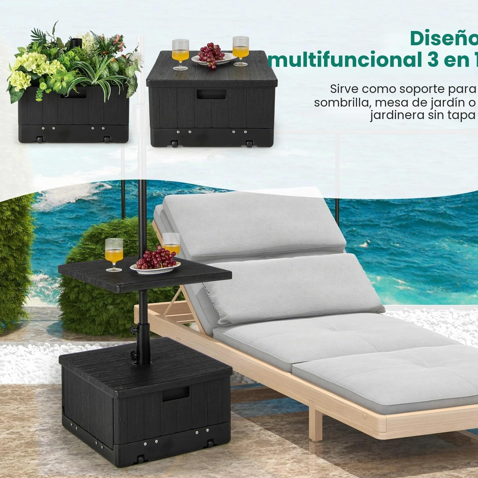 RELAX4LIFE 3 en 1 Soporte para Sombrilla Rellenable con Ruedas y Mesa Auxiliar, Base Sombrilla HDPE con Asas y Bolsa de Peso para Postes de Sombrilla 38/48 mm para Terraza/Piscina/Jardín (Negro)