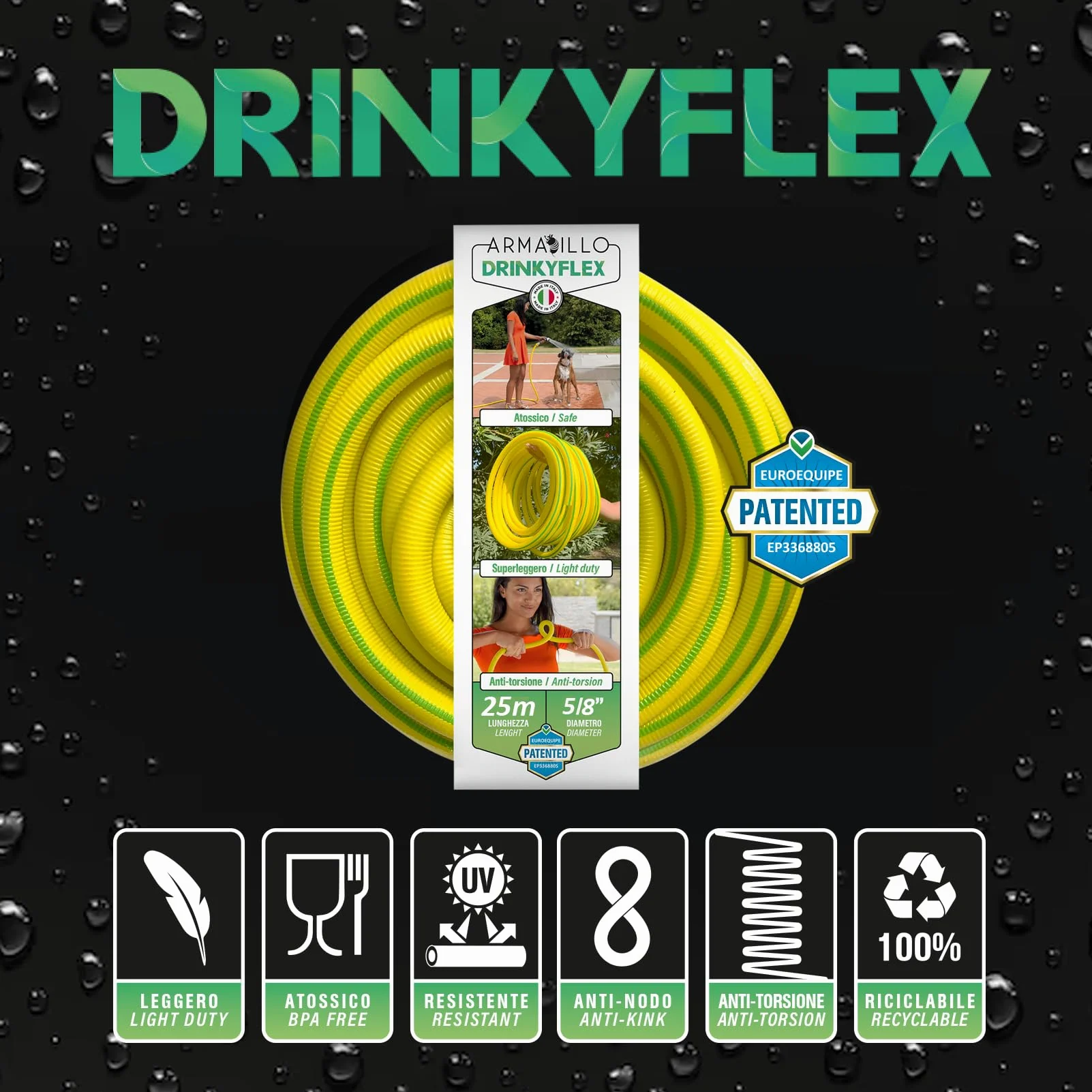 Idroeasy, manguera de jardín Drinkyflex de 25 metros y 5/8", superligera y no tóxica para agua potable, manguera de riego sin nudos, flexible, Presión de rotura 18 bar, Made In Italy
