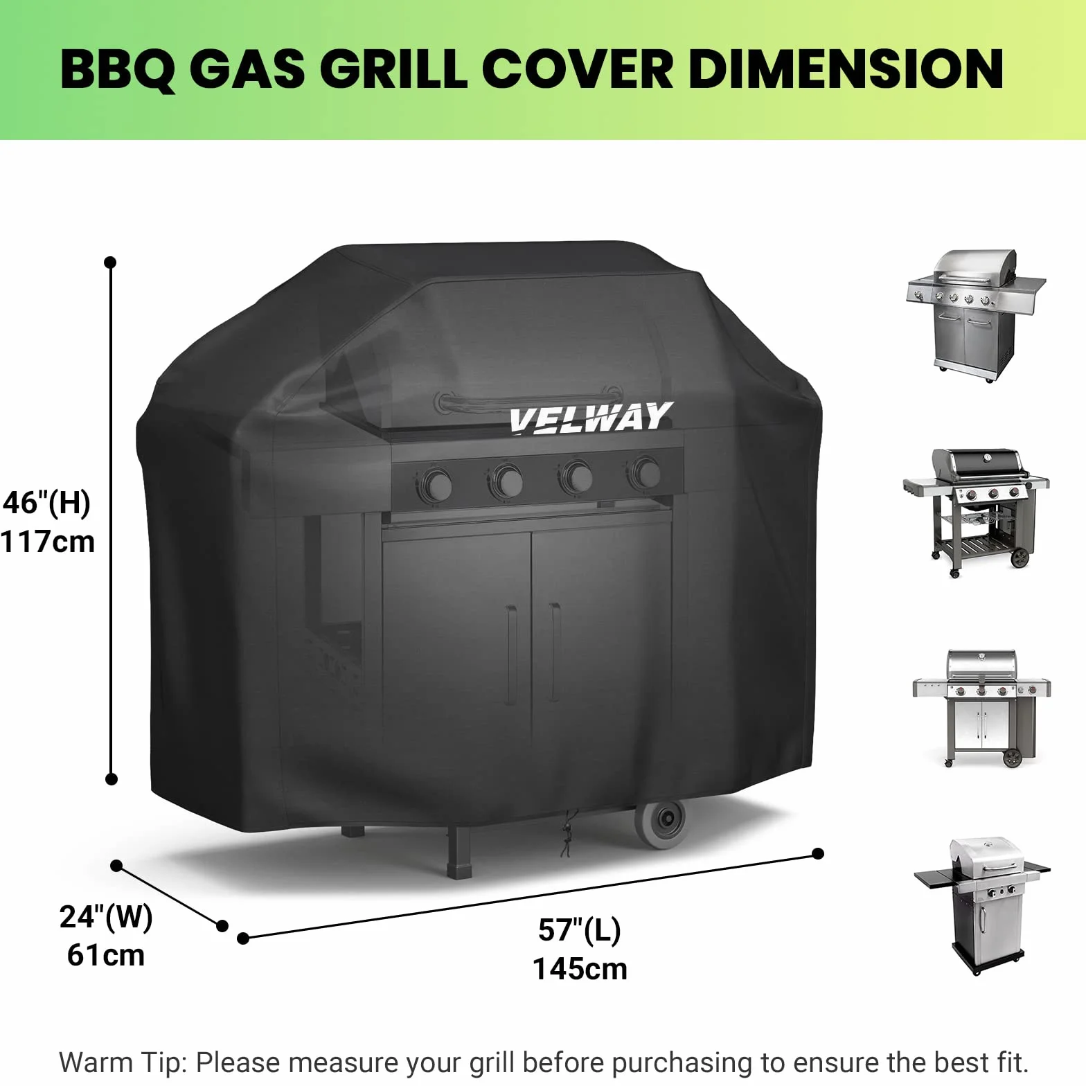 Velway Funda para Barbacoa Impermeable, 147x61x117cm Cubierta BBQ de Parrilla 210D Oxford Protector, Anti-Viento/Anti-Polvo/Anti-Humedad, Resistente al Desgarro/Agua/Lluvia/Nieve/Sol, Negro
