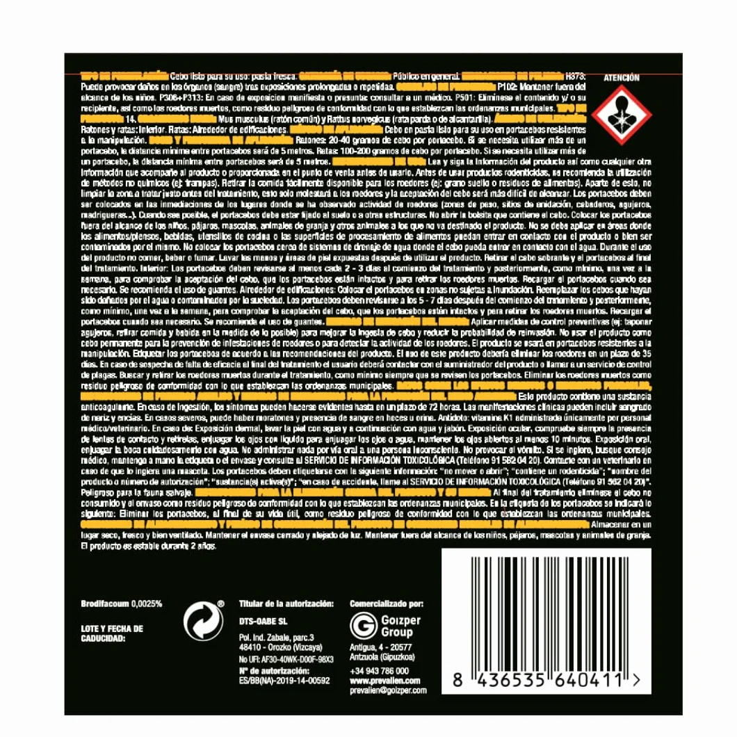 Raticida Prevalien Pasta Fresca BF 150 g - Brodifacoum 0,0025% - Alta Palatabilidad - Para Ratas y Ratones - Ideal en Infestaciones Graves - Bolsa Aluminizada con Cierre ZIP