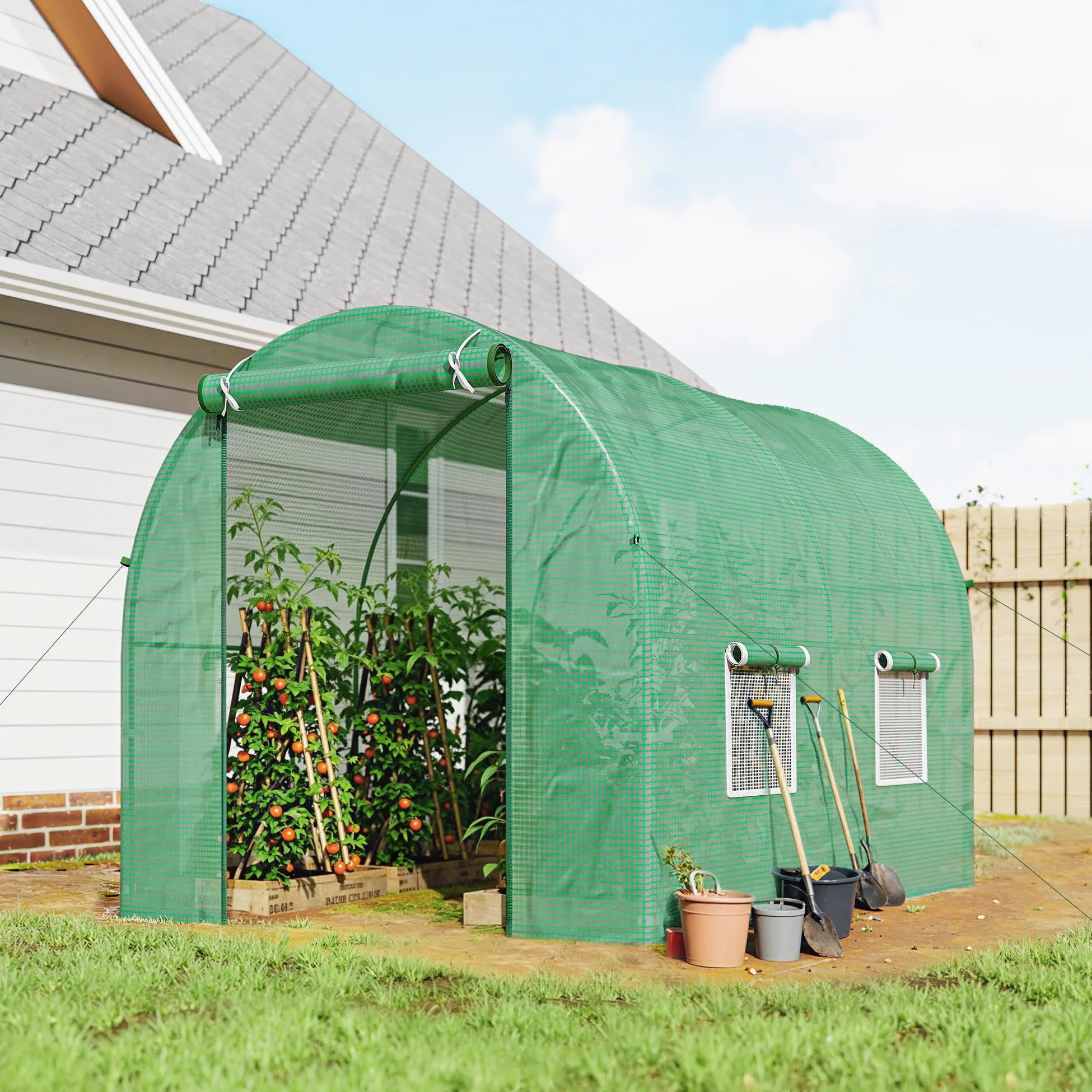 Outsunny Invernadero de Exterior 2,5x2x2 m Invernadero de Túnel con Cubierta de PE 140 g/m² para Cultivo Plantas Verduras Frutas en Jardín Terraza Verde