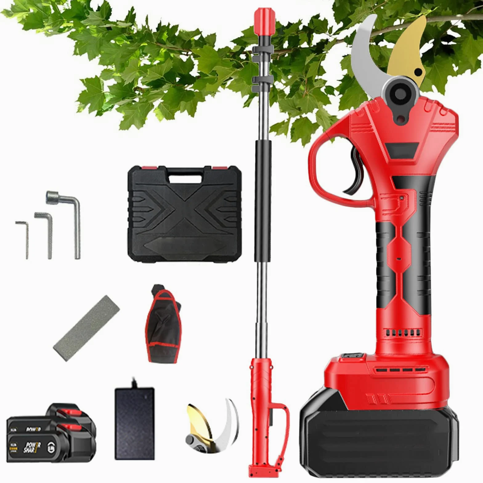 Tijeras Electricas para Podar Sin Cable, Tijera de Podar Eléctrico de 50mm Podadora de Flores Podar con Pértiga de Extensión, 2 Baterías y Cargador, Alimentadas Por Batería, 5-6 Horas de Trabajo