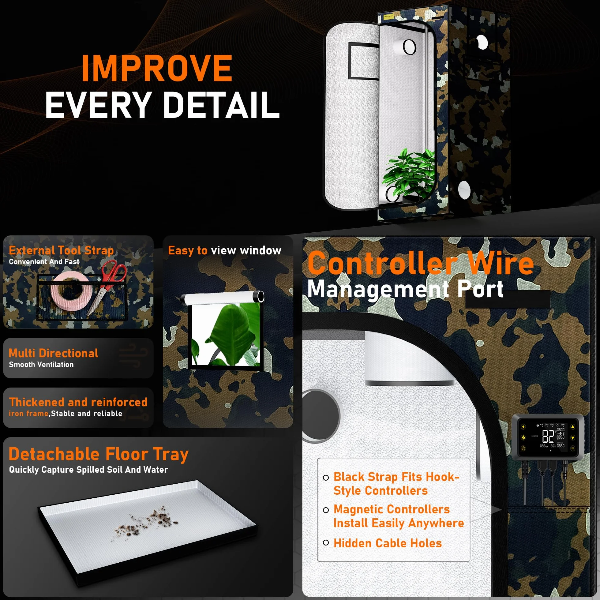 Tienda de campaña de crecimiento de 100 x 100 x 200 cm, camuflaje 600D Oxford Grow Tent con capa reflectante de poliéster, tubos de acero de 19 mm, ventanas de ventilación, suelo extraíble, tienda de