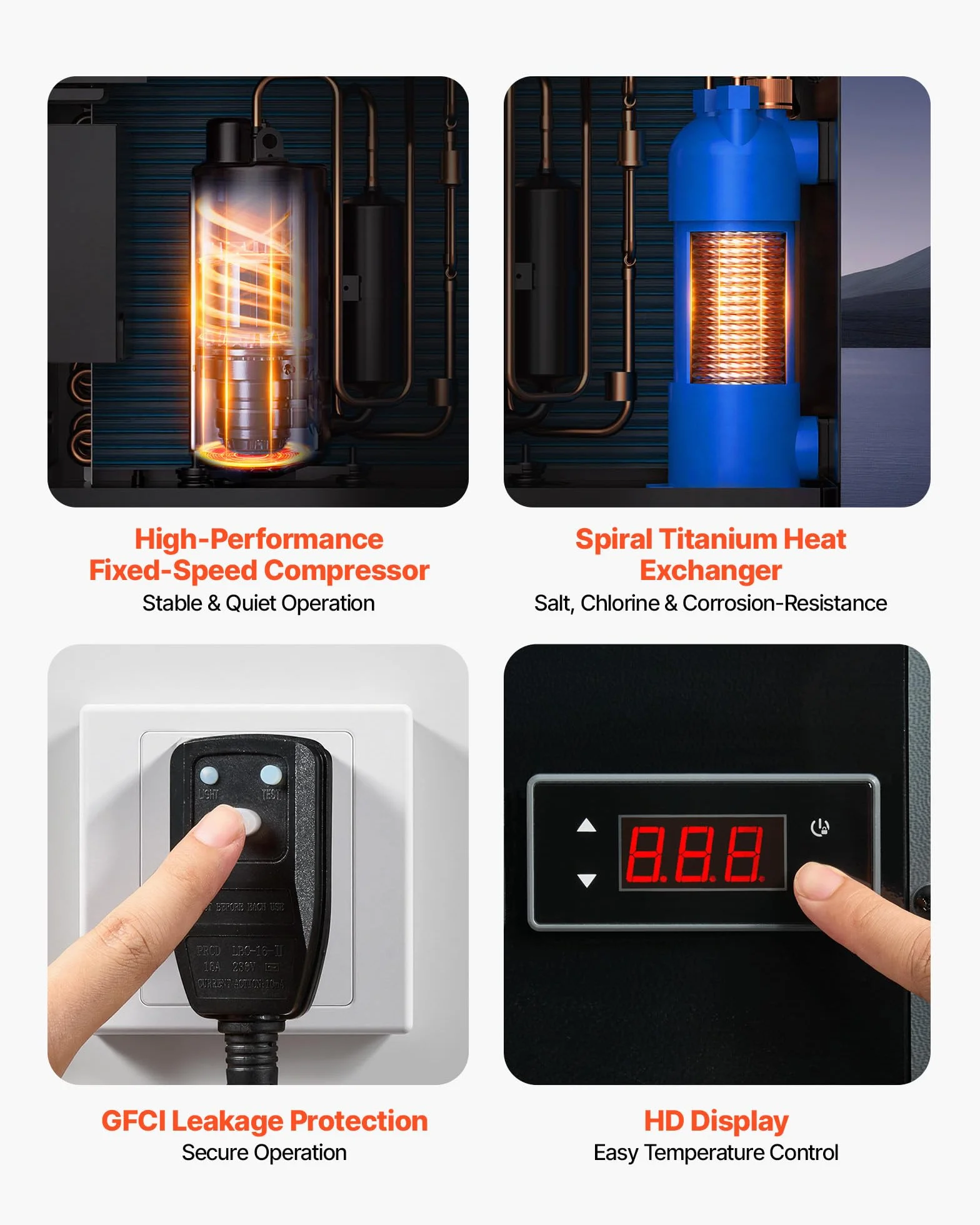 VEVOR Bomba de Calor para Piscina Elevada 4,92 kW 2,3 GPM 0,3-0,5 MPa, Calentador Eléctrico de Piscina de 10 a 18 m³, Bajo Nivel de Ruido, Temperatura de Calentamiento de 15 a 40 °C, para Natación