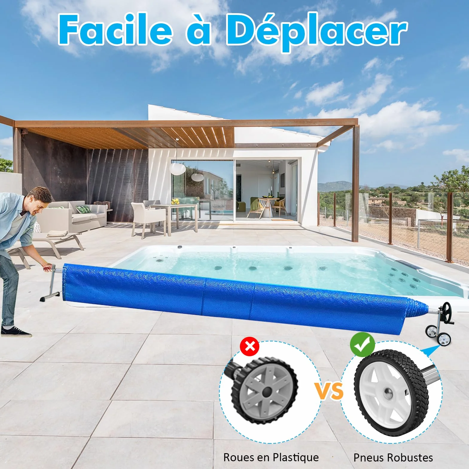 RELAX4LIFE - Carrete de lona extensible ajustable de 1,65 a 7 m para lonas y películas solares, enrollador de piscina de aluminio móvil con 8 correas de fijación