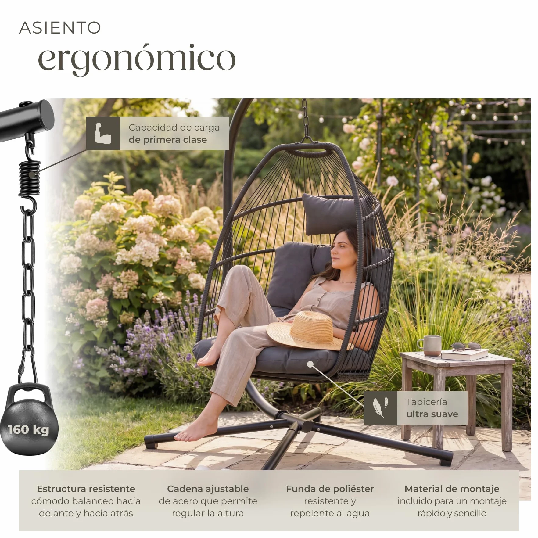 tectake® Columpio Jardín Exterior, Silla Colgante con Cojín Extragrueso, Sillón Balancín con Estructura de Acero y 4 Pies en Base, Hamaca Colgante Interior/Exterior, Plegable, Capacidad 160Kg - Gris