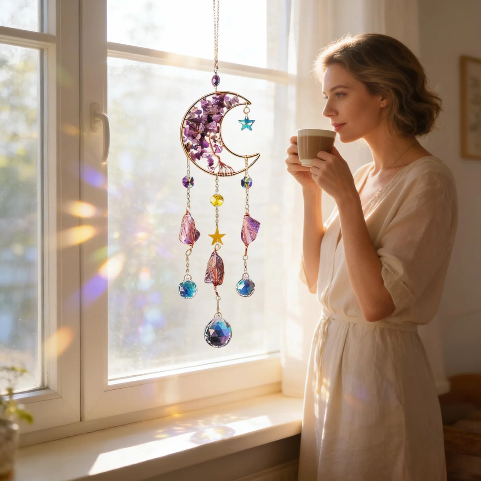 Atrapasoles Cristal Colgante 40cm, Luna y Estrella, Bola de Cristal, Cristales para Colgar, Campana de Viento para Casa Jardín Oficina Ventanas Campanas Coche Fiesta Boda Decoración, Regalos Mujeres