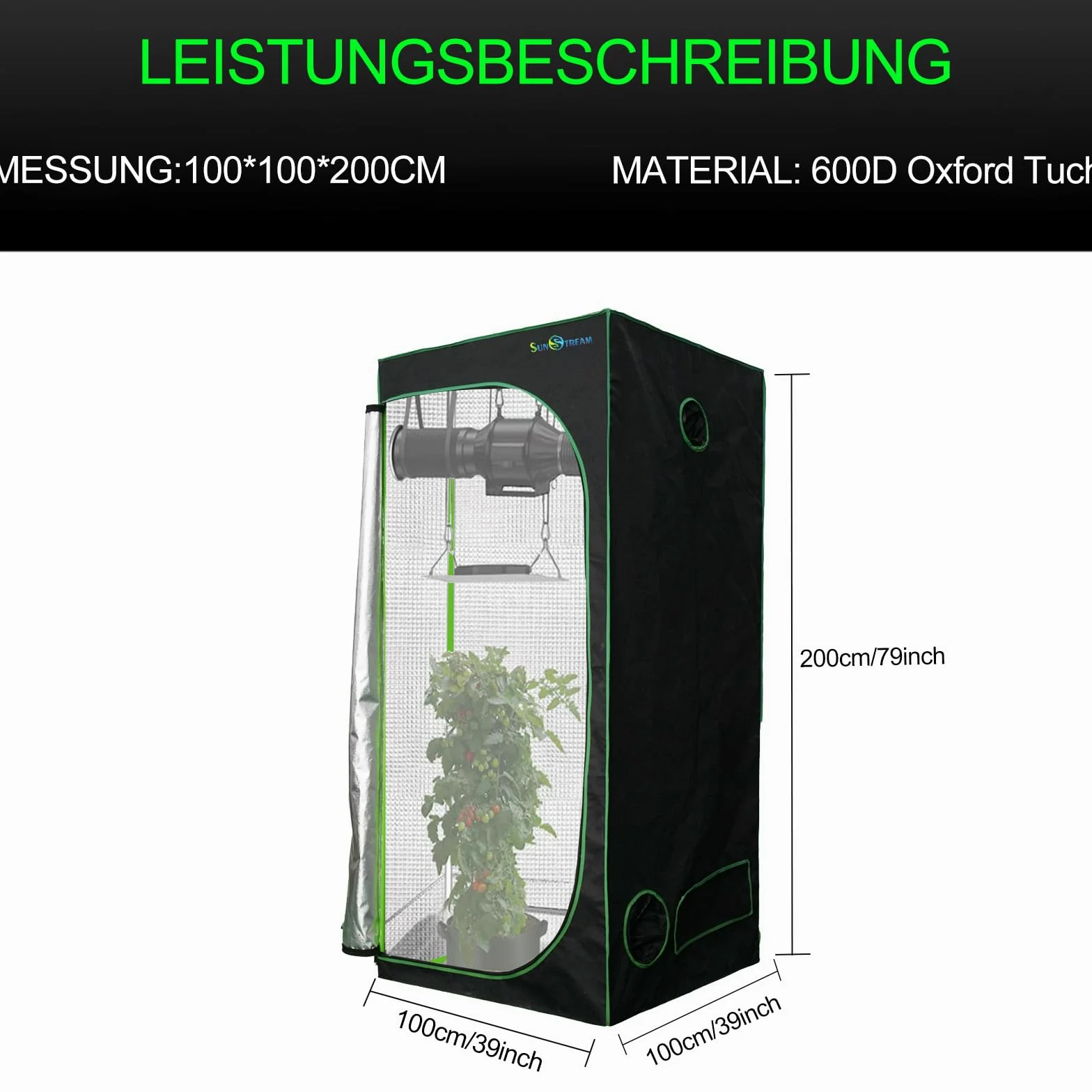 SunStream Tienda de cultivo verde 100 x 100 x 200 cm, para interior, resistente a la luz y al agua, armario de cultivo con ventana de observación de Mylar resistente al agua y bandeja inferior para