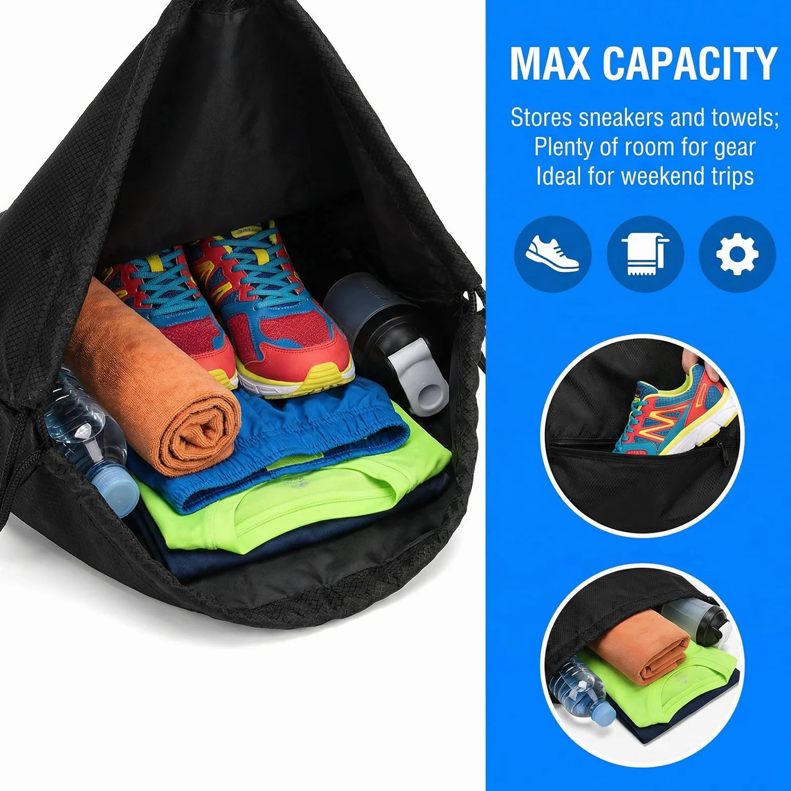 Mochila Impermeable Deportiva con Cordón, Bolsa de Gimnasio Gran Capacidad, Saco de Cuerdas para Hombre y Mujer