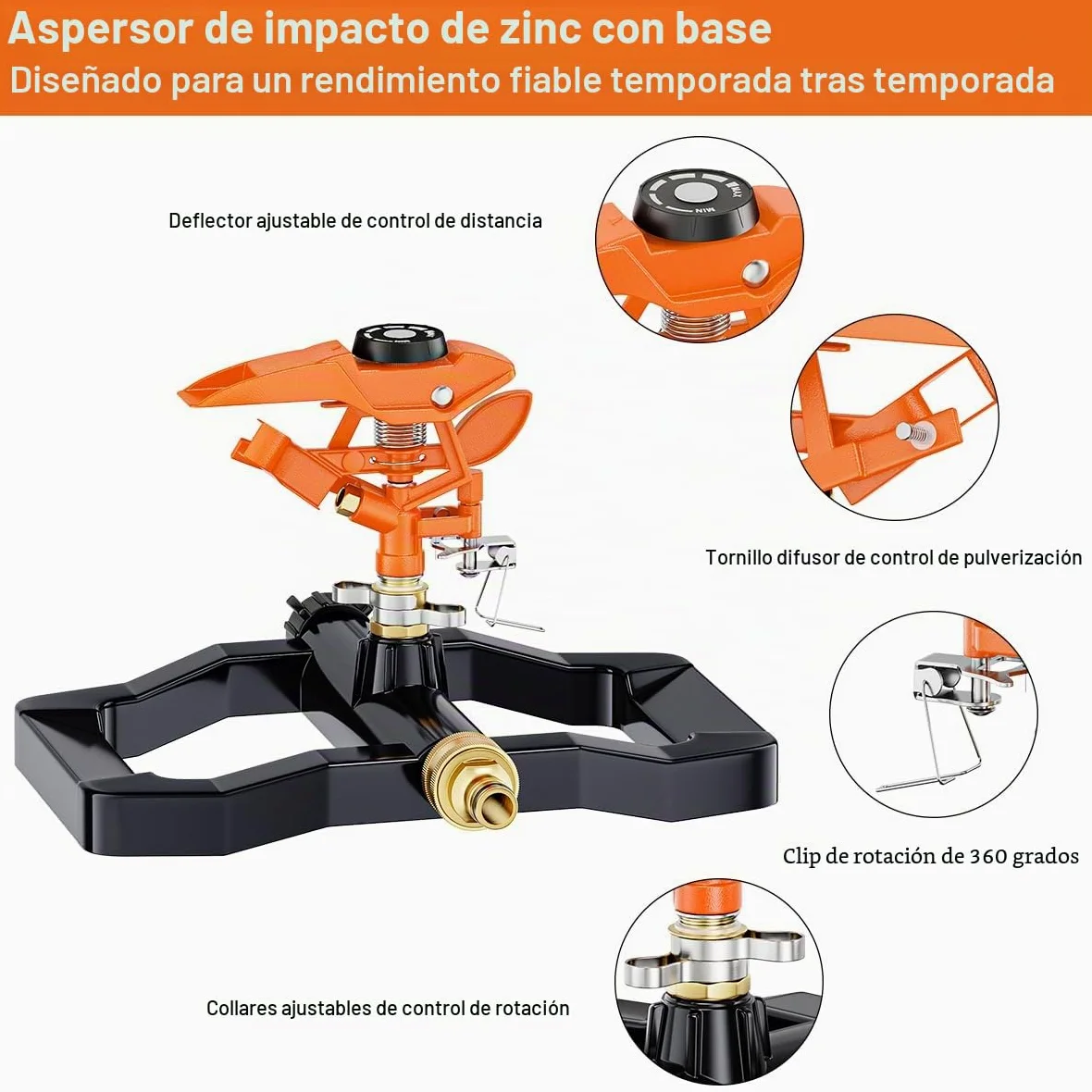 FANHAO Aspersor de Impacto de Resistencia para Jardín, Base 100% Metálica con Rotación 360°, Aspersor de Riego Giratorio Ajustable para Grandes Áreas, Que alcanza hasta 540 m²