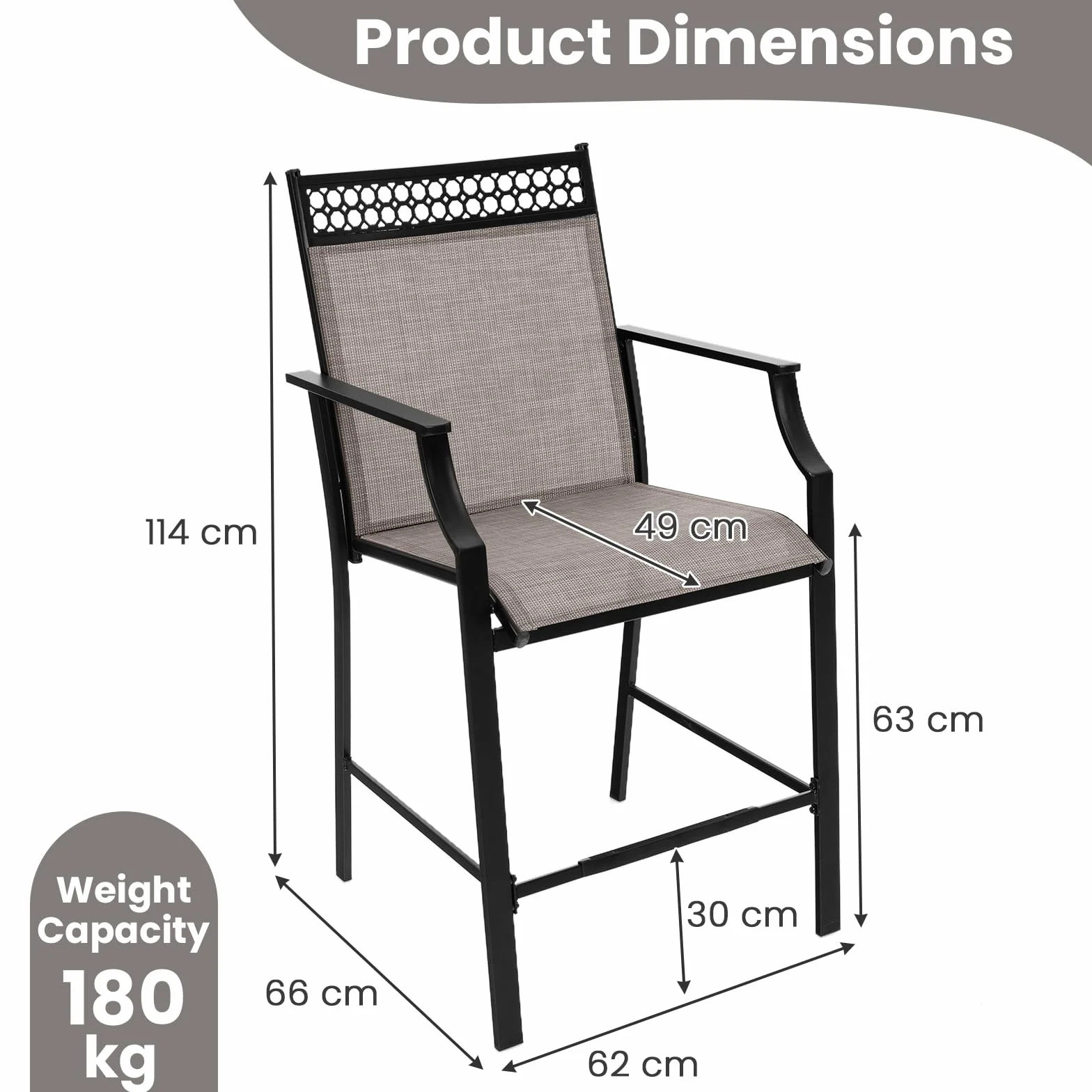 KOMFOTTEU Juego de 2 Sillas de Jardín, Silla Alta de Tela con Marco de Metal, Taburete de Bar con Respaldo y Reposabrazos, Silla de Comedor con Carga 180 kg para Terraza, 66 x 62 x 114 cm (Café)