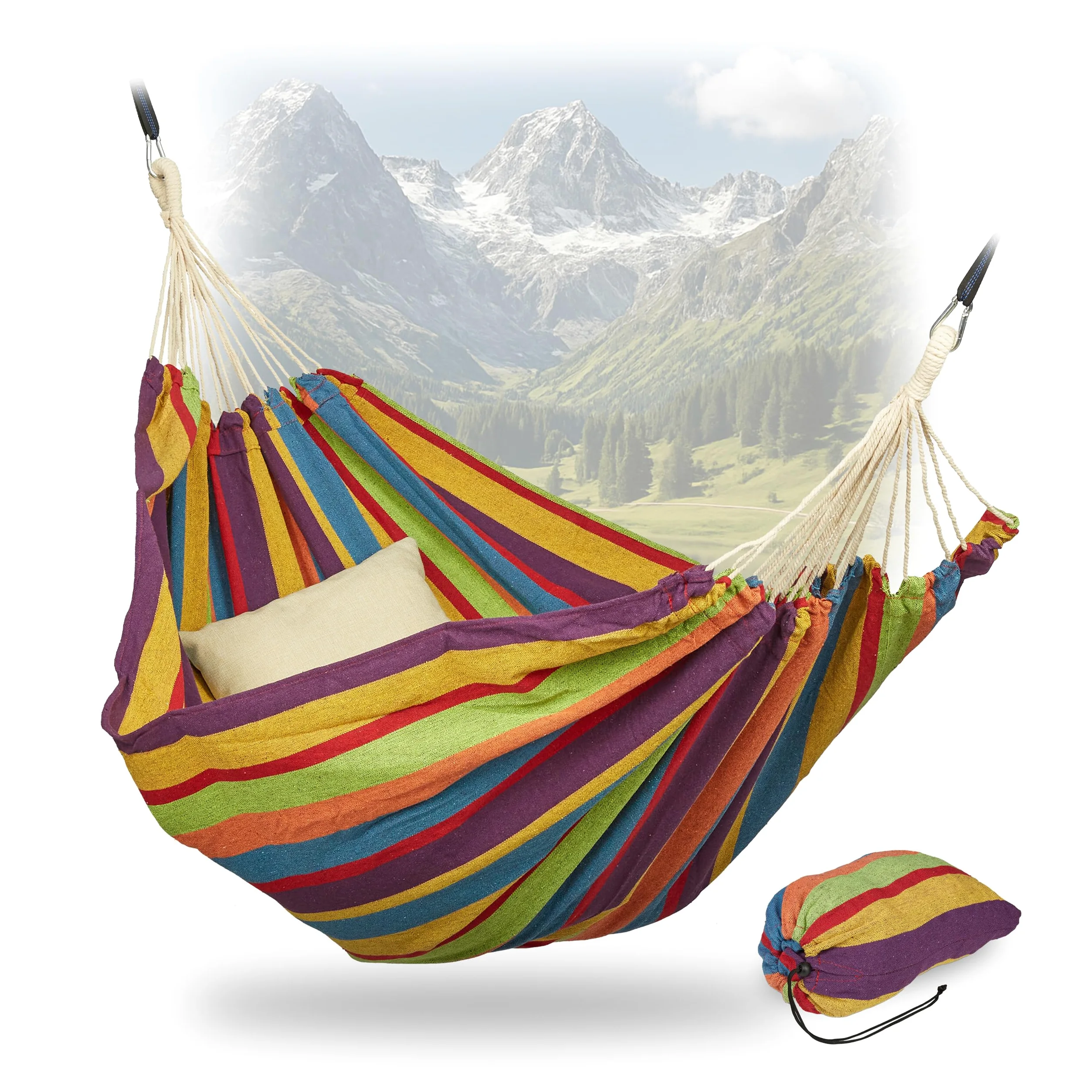 Relaxdays Hamaca de Algodón, 150 x 190 cm, con Set de Fijación, hasta 300 kg, Portátil, Cama Colgante, Multicolor