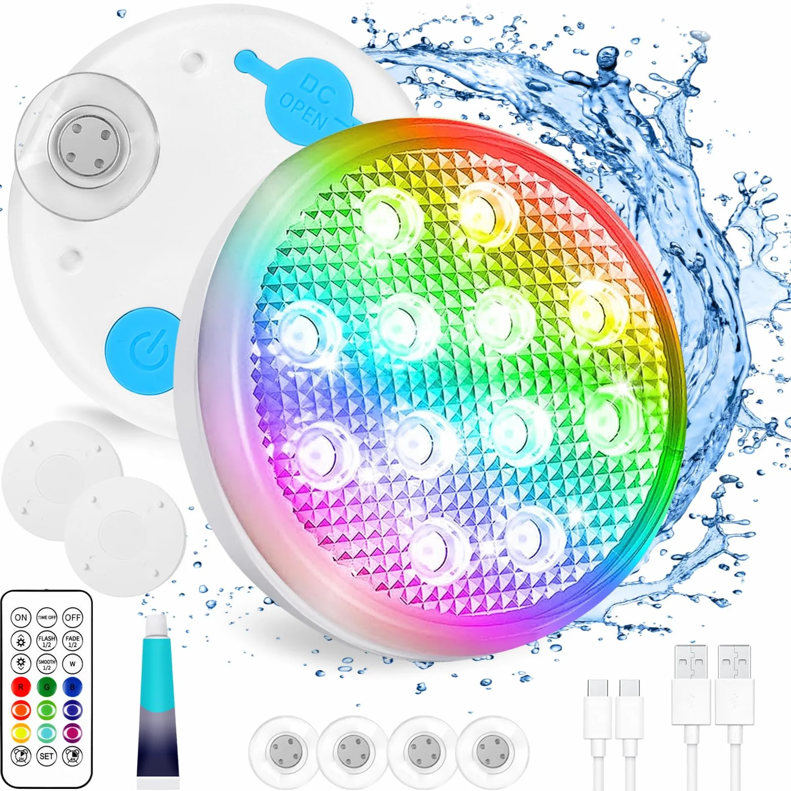 TEPENAR Luces sumergibles recargables para piscina, luces subacuáticas impermeables de 3.7 pulgadas, carga USB-C, funciona con pilas, control remoto, 16 luces de bañera de hidromasaje que cambian de
