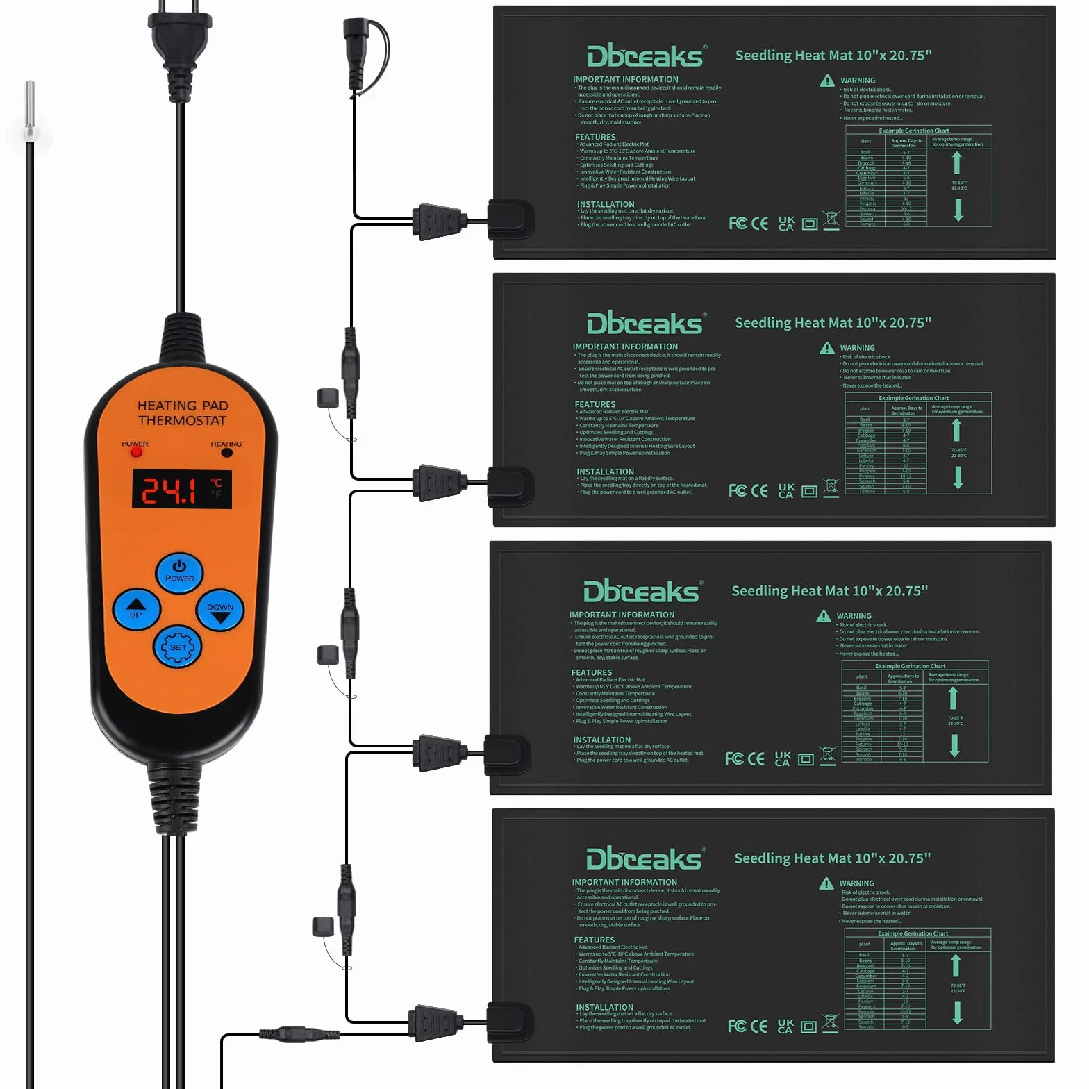 DBREAKS 4 Pcs Manta Calefactora para Semillas o Plántulas Invernadero, Alfombrilla de Calor para Plantas con Controlador de termostato, 30W Esterilla Térmica para Invernadero Interior Almohadilla