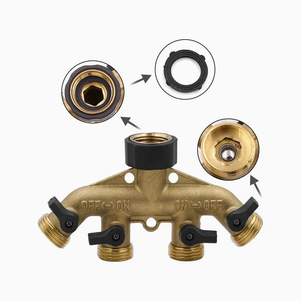Distribuidor de colector divisor de grifo de 3/4 pulgadas y 1/2 pulgada, adaptador de conector de manguera de válvula de agua de latón de 4 vías para accesorios de riego, estándar de la UE