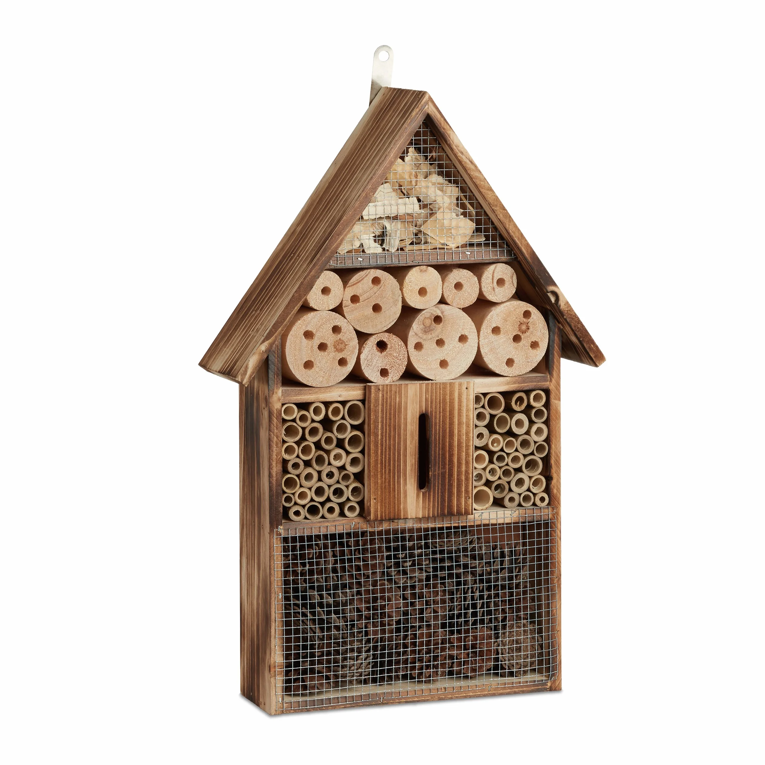 Relaxdays Hotel de Insectos, Casa para Bichos de Jardín, Casita Abejas y Mariquitas, Madera Efecto Quemado, Natural