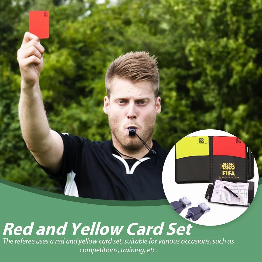 Set de árbitro de fútbol con tarjetas rojas y amarillas, 2 silbatos y cordón