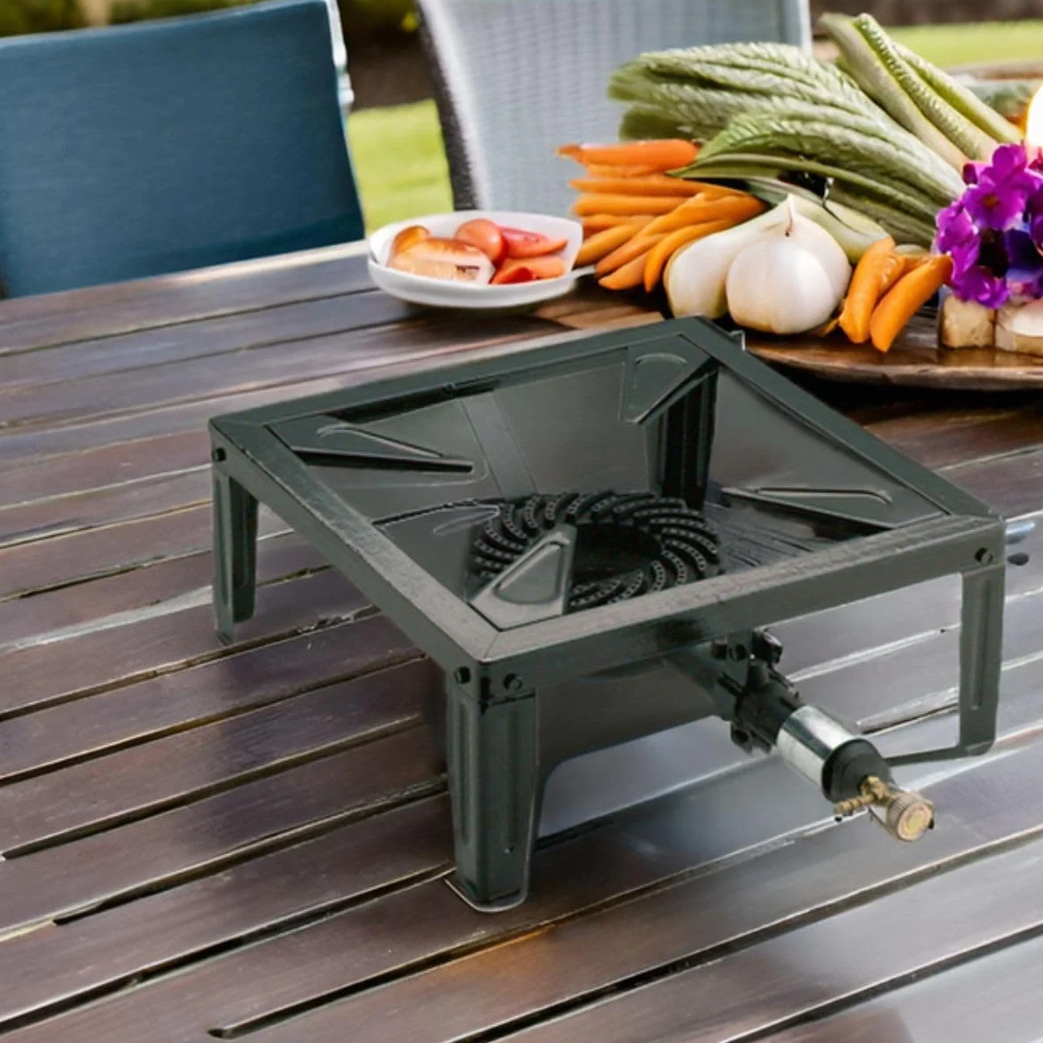 INTEC - Hornillo de gas 7,5 KW acero esmaltado quemador de hierro fundido hornillo catering 4 patas de cocción exterior