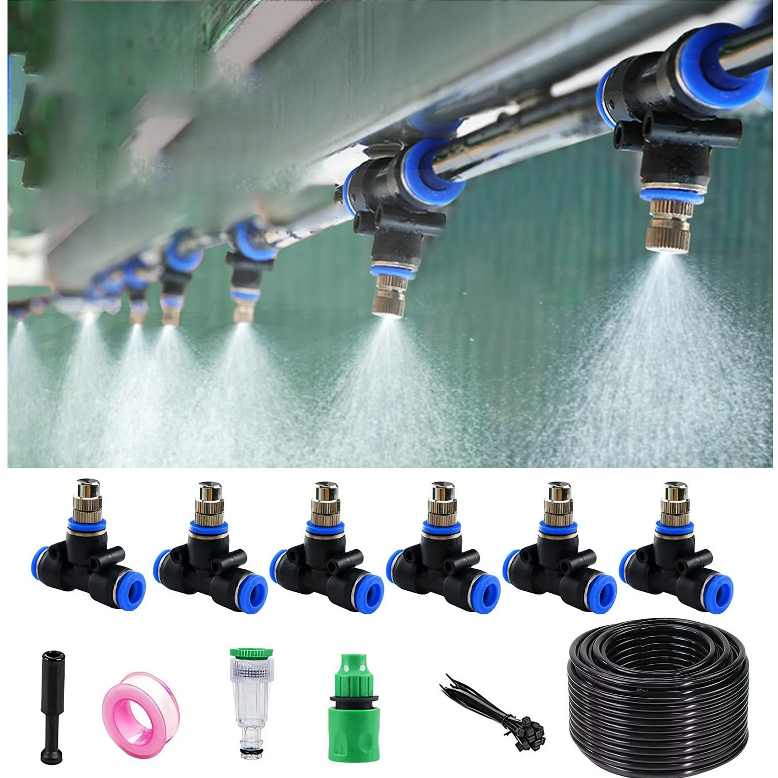 Kit de riego por goteo de conexión rápida para huerto con boquillas de nebulización limpiables y manguera 9/12 para plantas de lecho elevado de negro 30m 912 pipe + 30 sets of quick-connect fittings