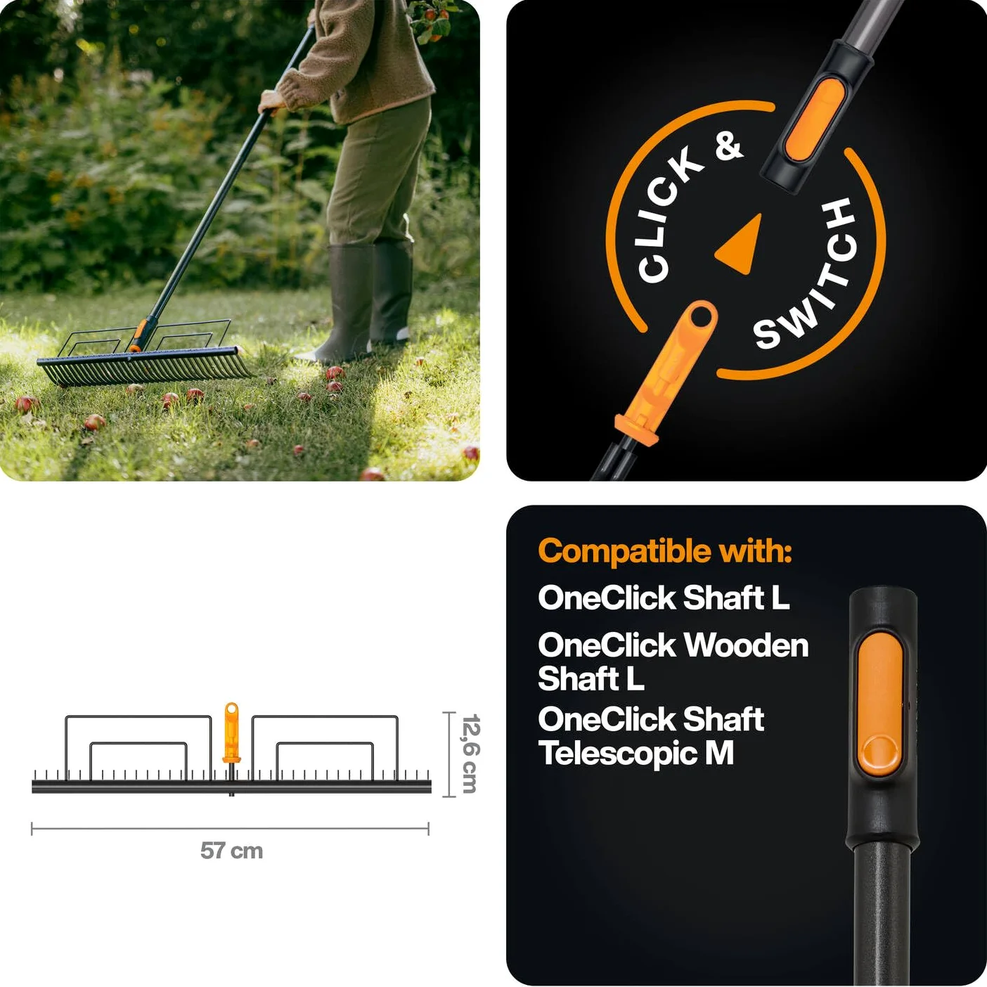 Fiskars OneClick Rastrillo para Césped | Cambio sin esfuerzo con un solo clic, acero al carbono, negro/naranja, 1080680
