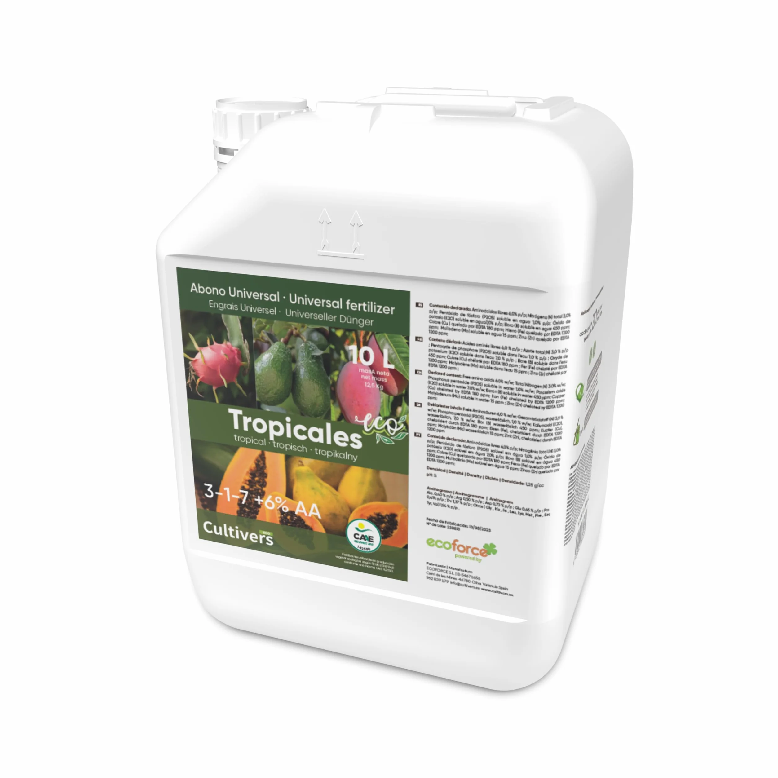 CULTIVERS Fertilizante Tropicales Ecológico 10 L. Abono Líquido 100% Orgánico. Mayor Rendimiento y Aumento