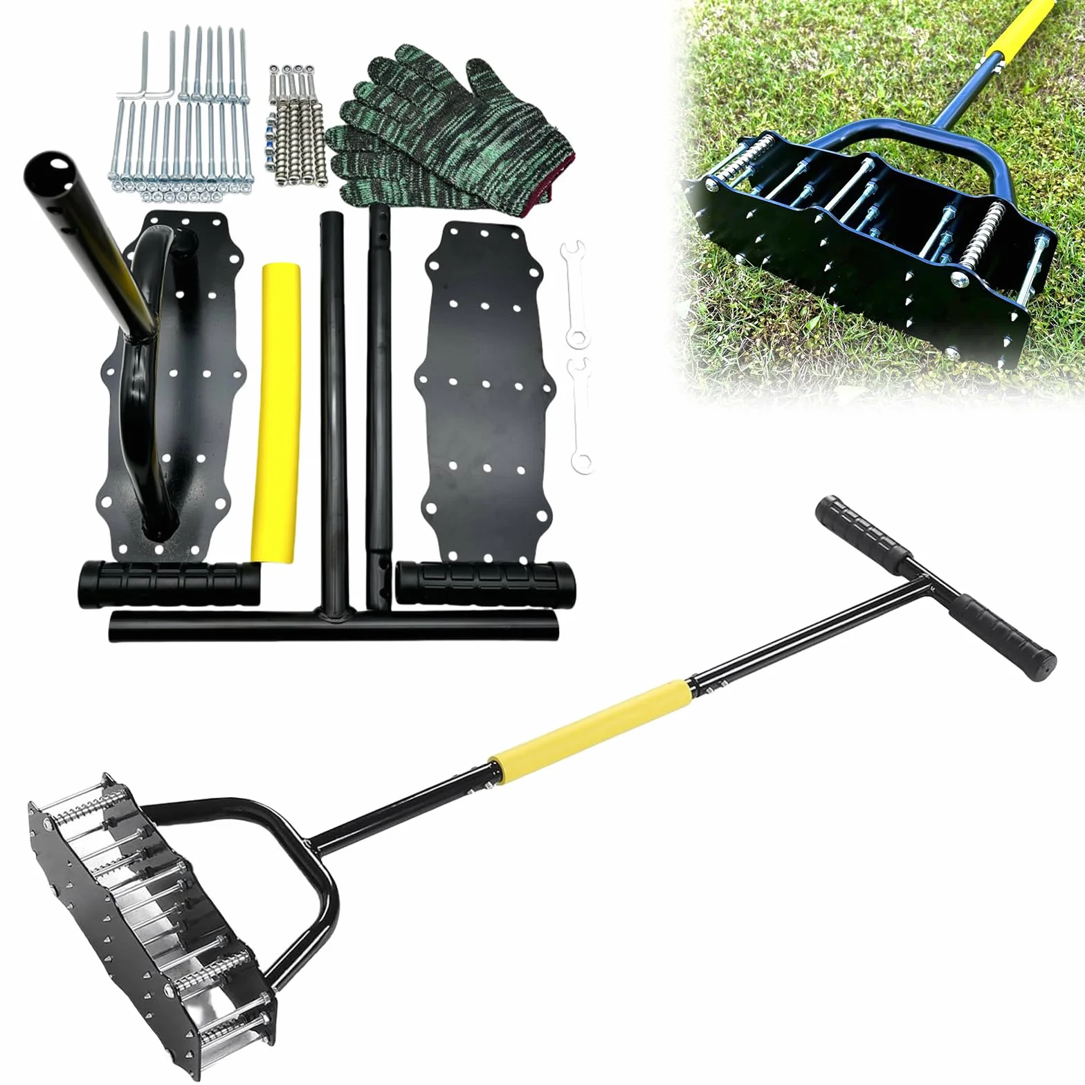 Herramienta de aireación manual de césped, herramienta de aireación automática de césped de 17 pinchos asistida por resorte, limpieza automática de suciedad y hojas, aflojador de suelo con