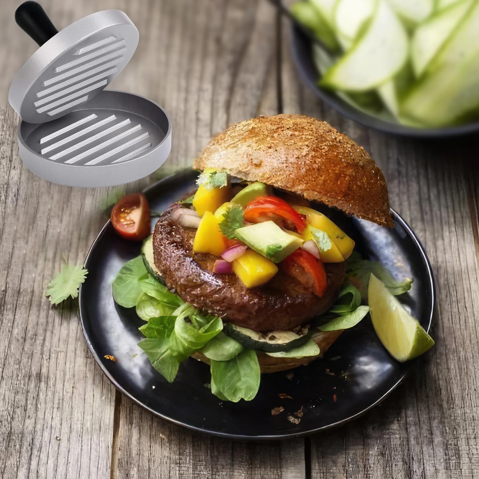 Hamburguesera con 100 hojas de papel para hornear, juego de prensa de hamburguesas de aluminio fundido para deliciosas hamburguesas, hamburguesas, barbacoas, prensa de hamburguesas con recubrimiento a