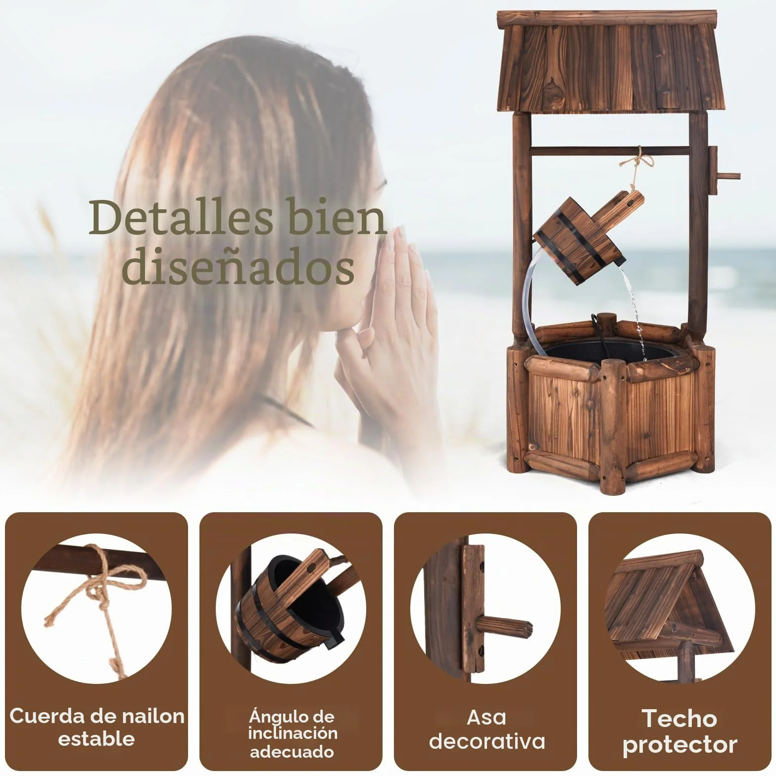 RELAX4LIFE Fuente de Jardín de Madera con Bomba Eléctrica 300L/H, Pozo Decorativa con Control del Caudal de Agua para Jardín, Balcón, Patio, 58,5×56×117cm, Marrón