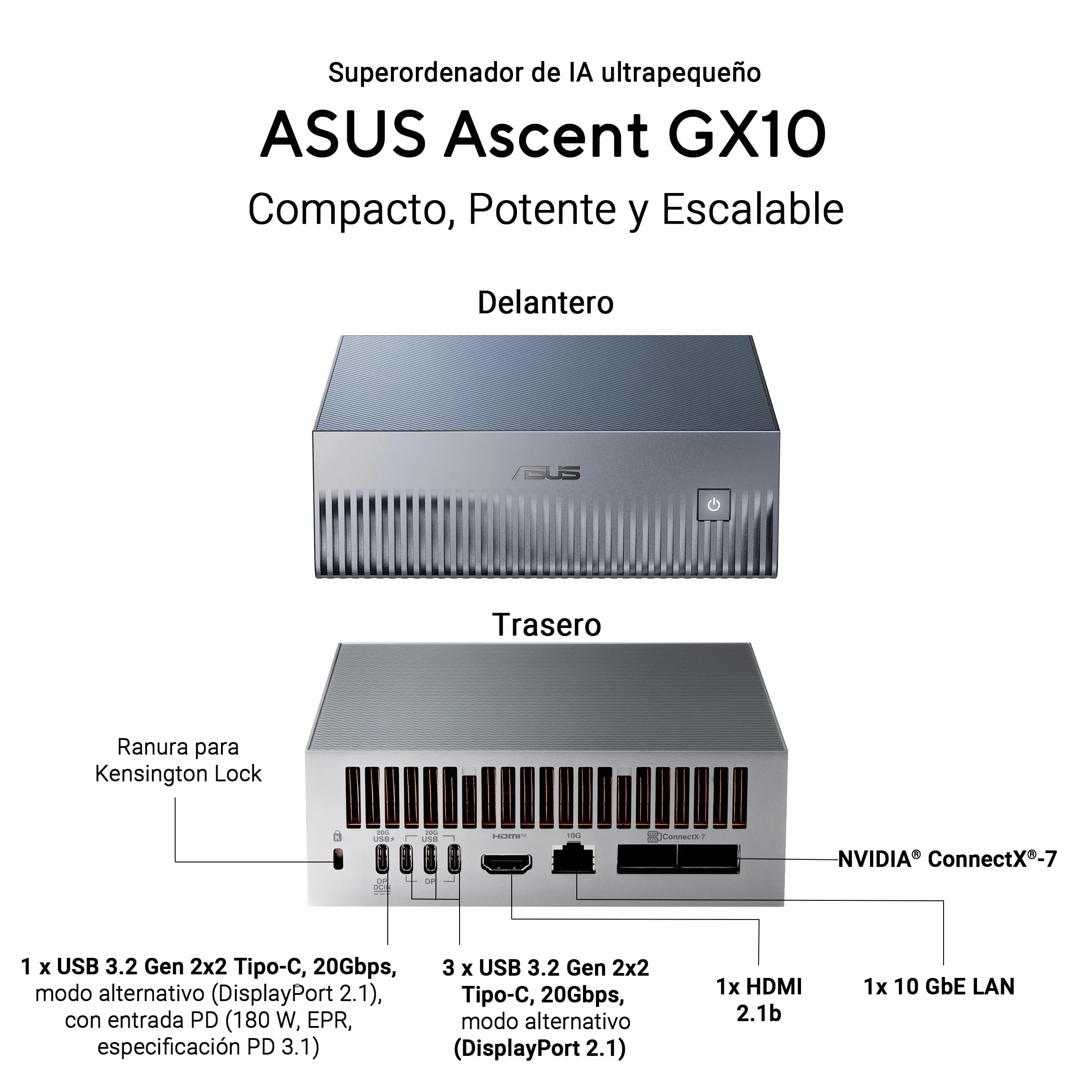 ASUS Ascent GX10 Ordenador de sobremesa 128GB LPDDR5X 1TB SSD NVIDIA GB10 Blackwell GPU