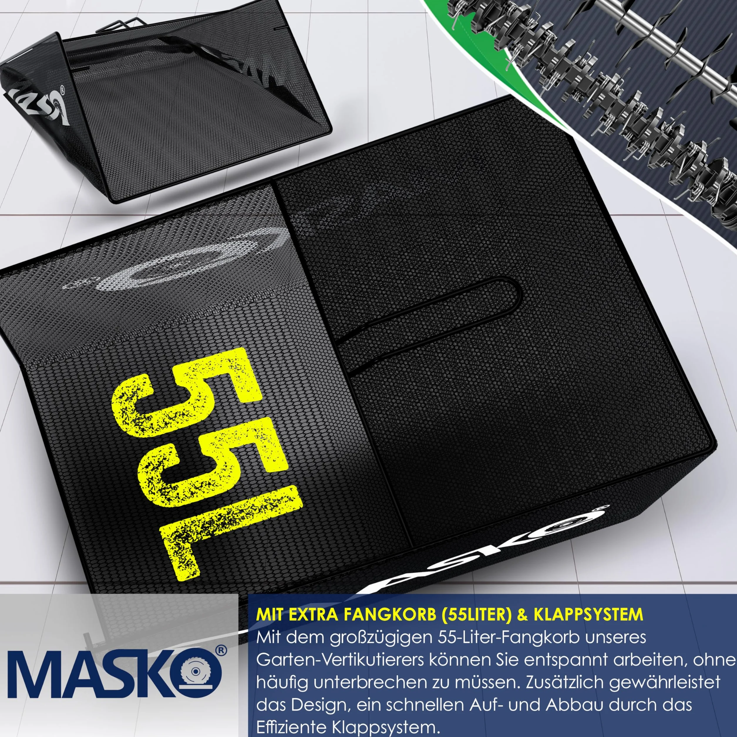 MASKO® Escarificador eléctrico 2 en 1, aireador de césped 1800W, 40 cm de ancho de trabajo, cesta de recogida de 55 l, eliminador de musgo, profundidad de trabajo ajustable en 5 etapas, negro