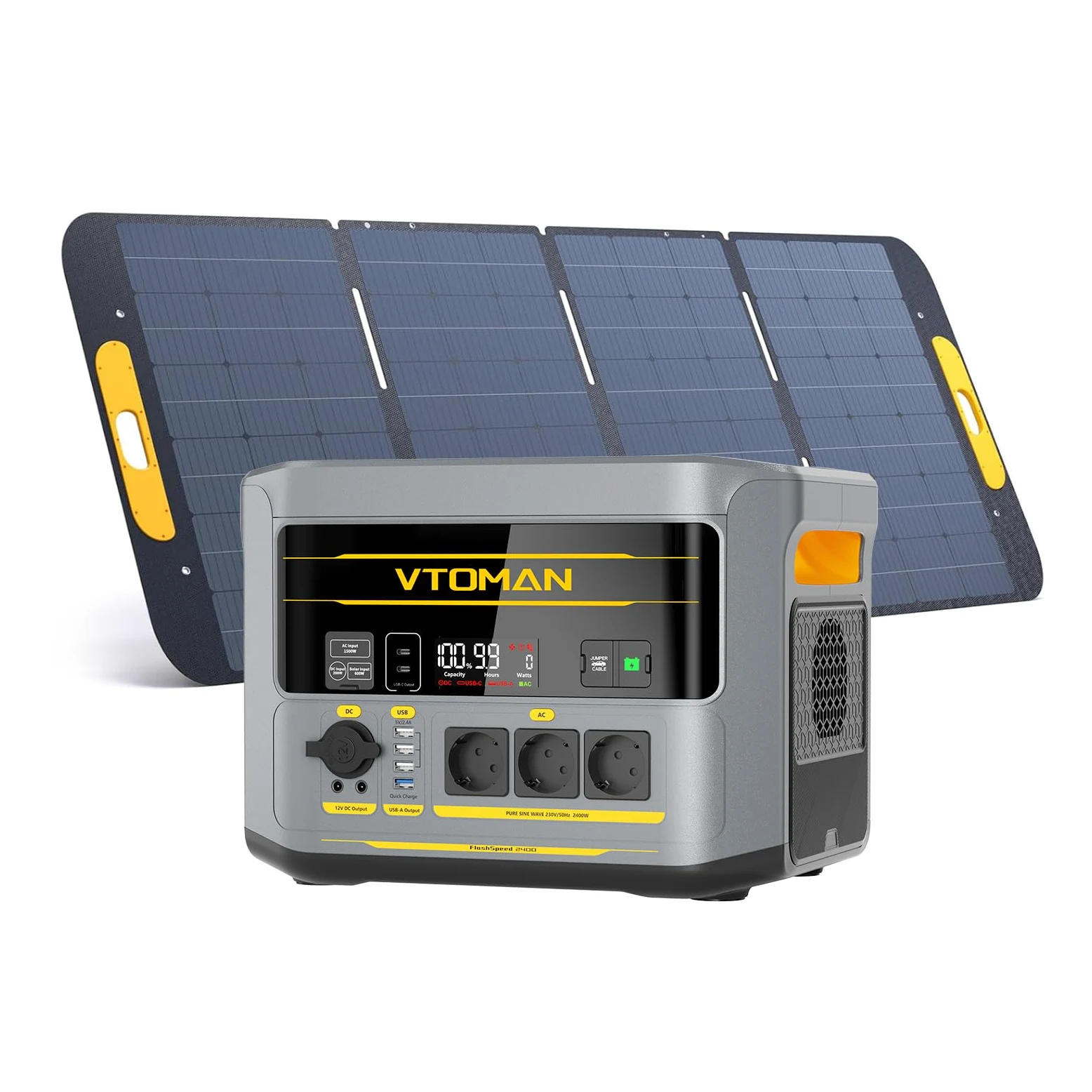 VTOMAN FlashSpeed 2400 Estación de Energía Portátil con 400W Panel Solar | 1408Wh Generador Solar, 3 CA de 2400W, Cable de Arranque, Carga Rápida 0-100% en 1 H, Acampada, RV, Apagones, Embacaraciones