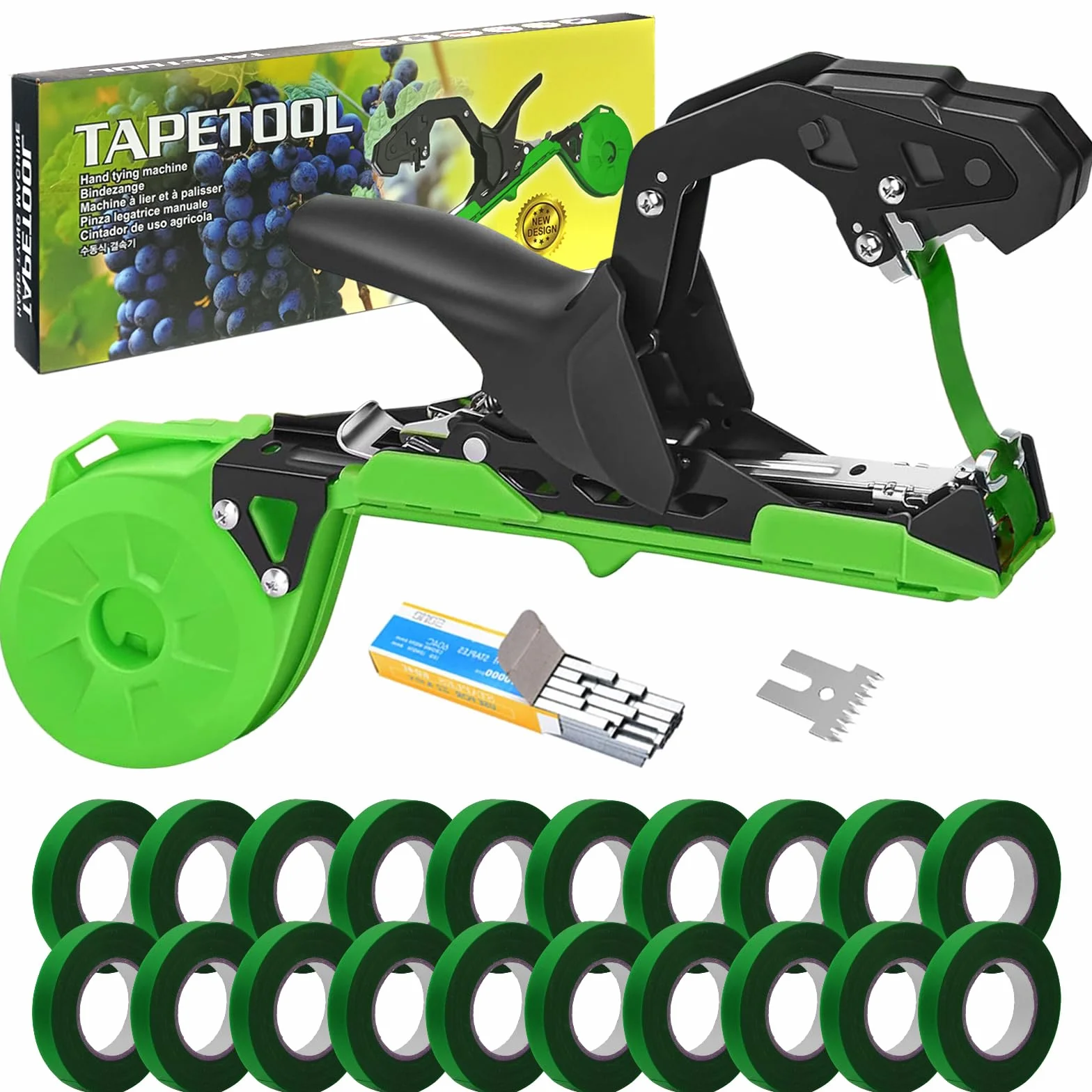 Maquina para Atar Tomates, 420g Herramienta de Cinta de Jardín de Pepino con 10000pcs Grapas 20 Rollos Atadora Agricola Herramienta de Cinta de Jardín para Viñedo Pepino Fruta Flores Vegetales