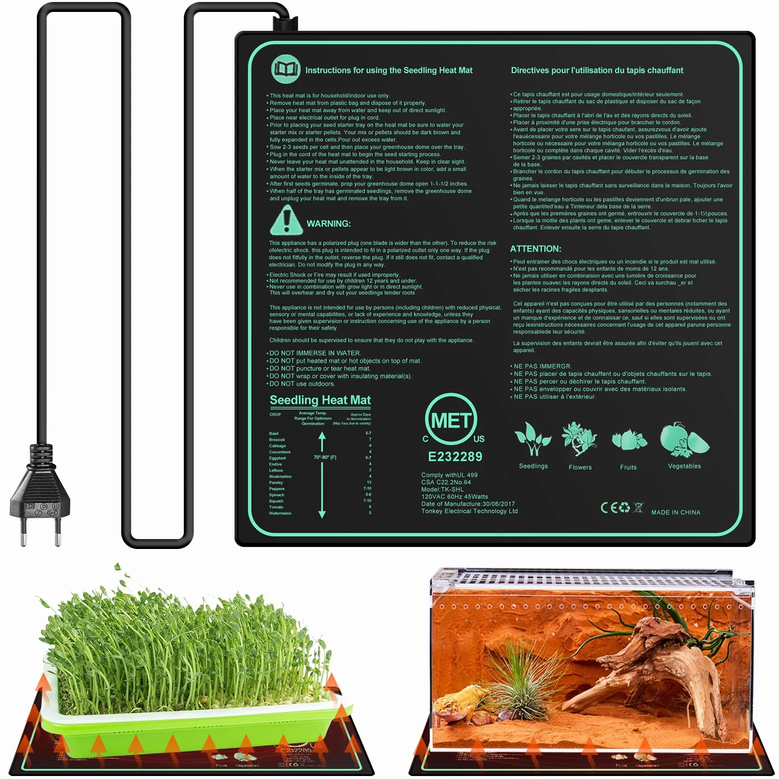 Leikurvo Alfombrilla calefactora para plantas, alfombrilla calefactora 50 x 52 cm para la germinación de semillas y animales domésticos 45 W con termostato para reptiles y temperatura del dragón