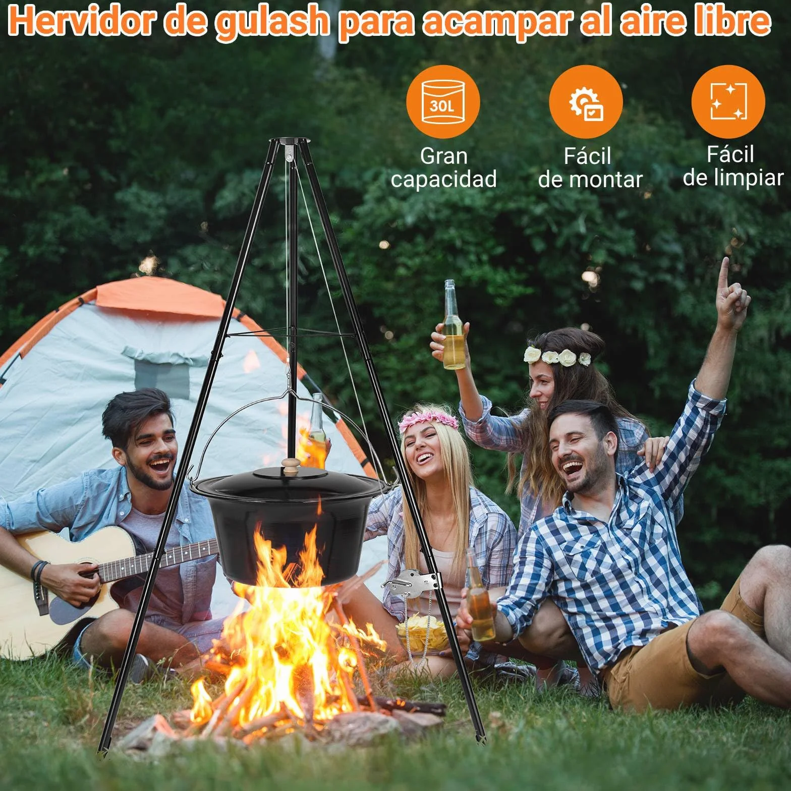 Hervidor para Goulash de 30L con Trípode y Cuchara, Hervidor para Gulash Original Húngaro, Olla para Gulash Esmaltada, con Cadena de Altura Ajustable, Juego de Olla para Gulash, para 25-30 Personas