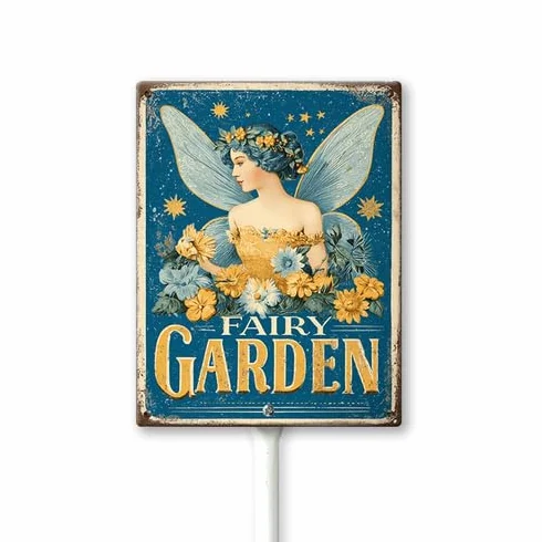Letrero de aluminio para jardín de hadas con estacas de metal para decoración de casa/puerta delantera, resistente a la intemperie, 4.6 x 6 pulgadas