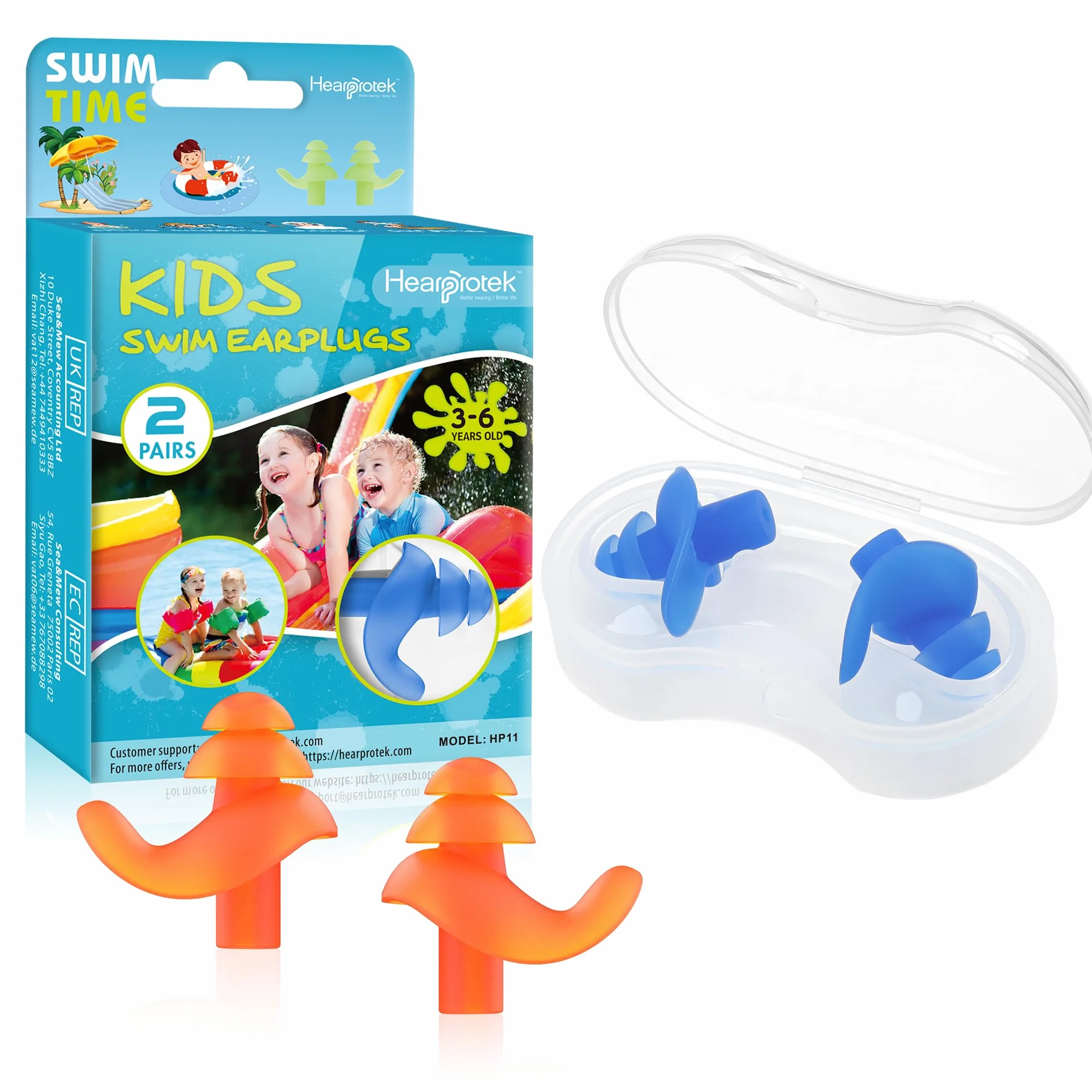 Hearprotek Tapones para los Oídos Natación 2 Pares Silicona Reutilizables a Prueba de Agua Nadadores Duchas Deportes Acuáticos Tamaño Niños Azul Naranja