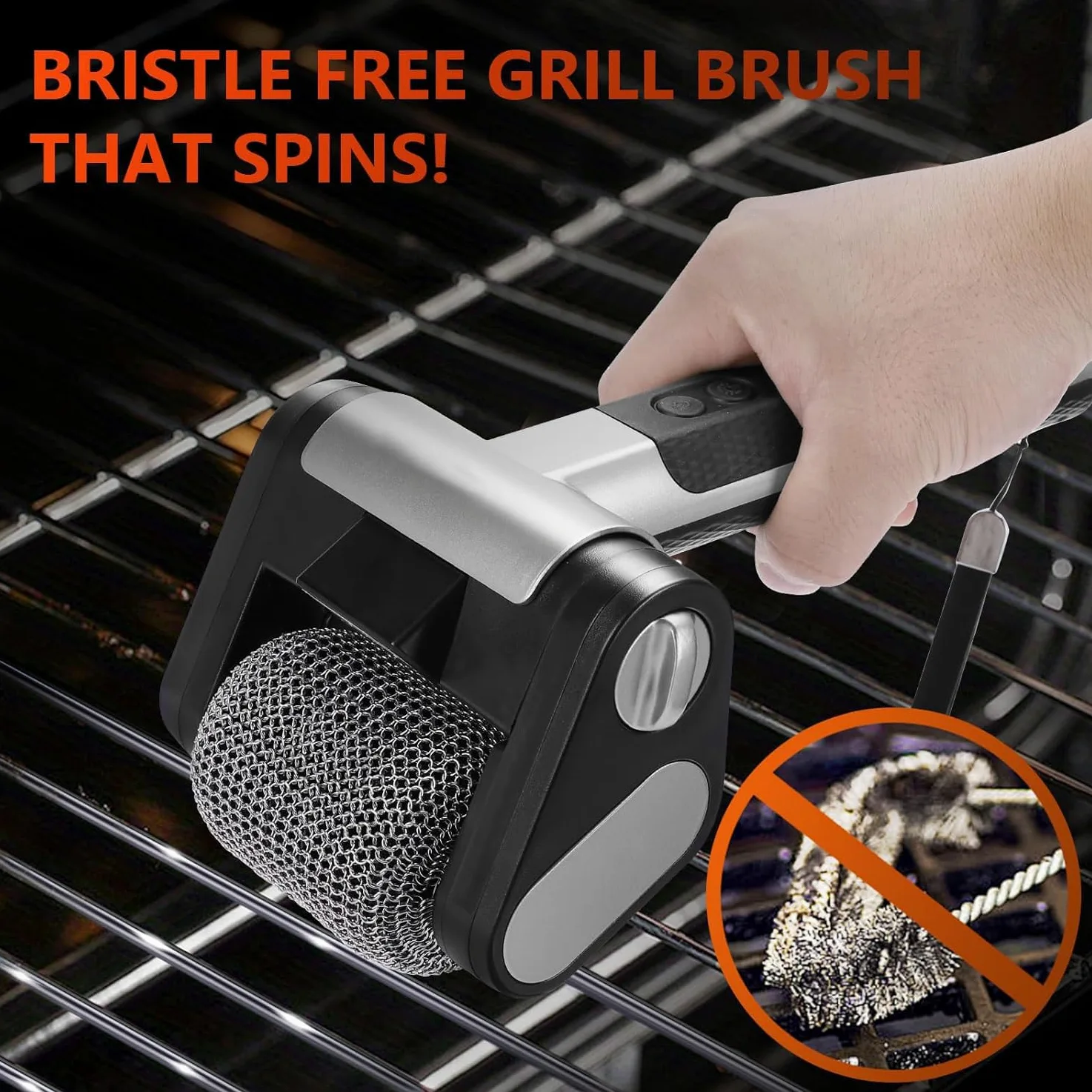 Limpiador eléctrico de parrilla, cepillo recargable para barbacoa con rodillo de acero inoxidable de 350 RPM y luz LED, herramienta sin cerdas para una limpieza eficiente de barbacoas y parrillas