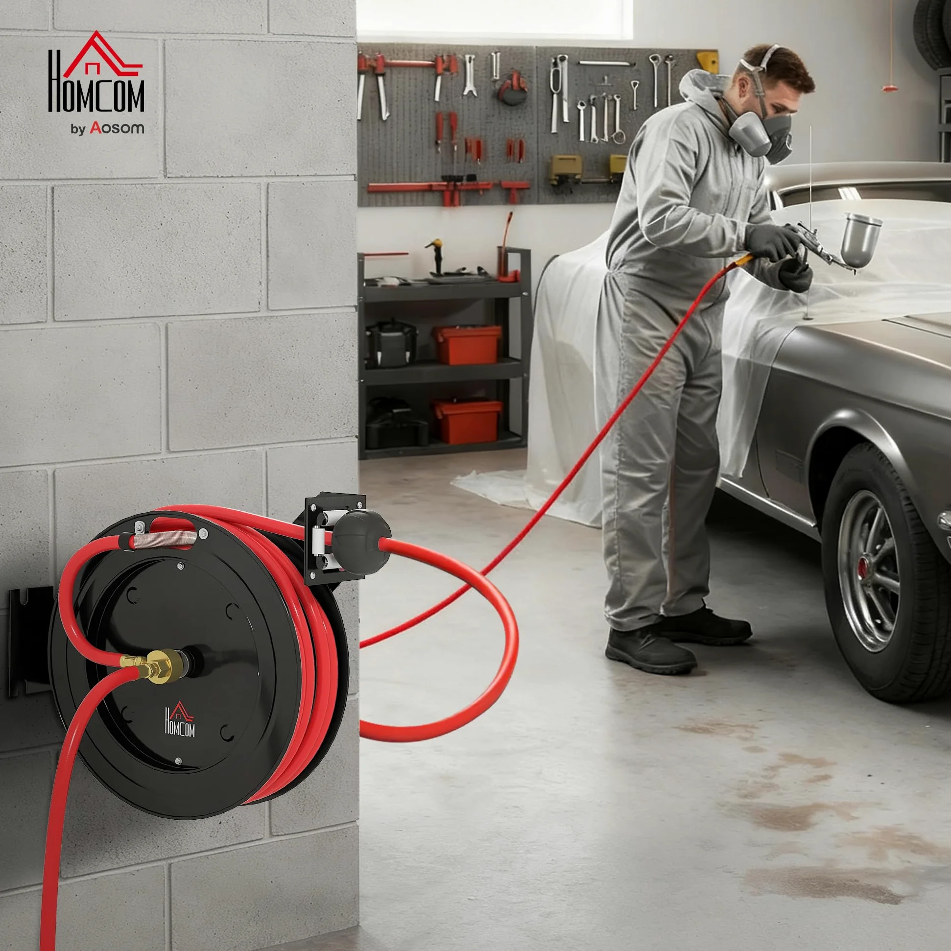 HOMCOM Carrete manguera aire automático 15m+1m | Conexión 1/4", 9,5x15,8mm, máx 20 bar, freno manguera, carrete con soporte pared.