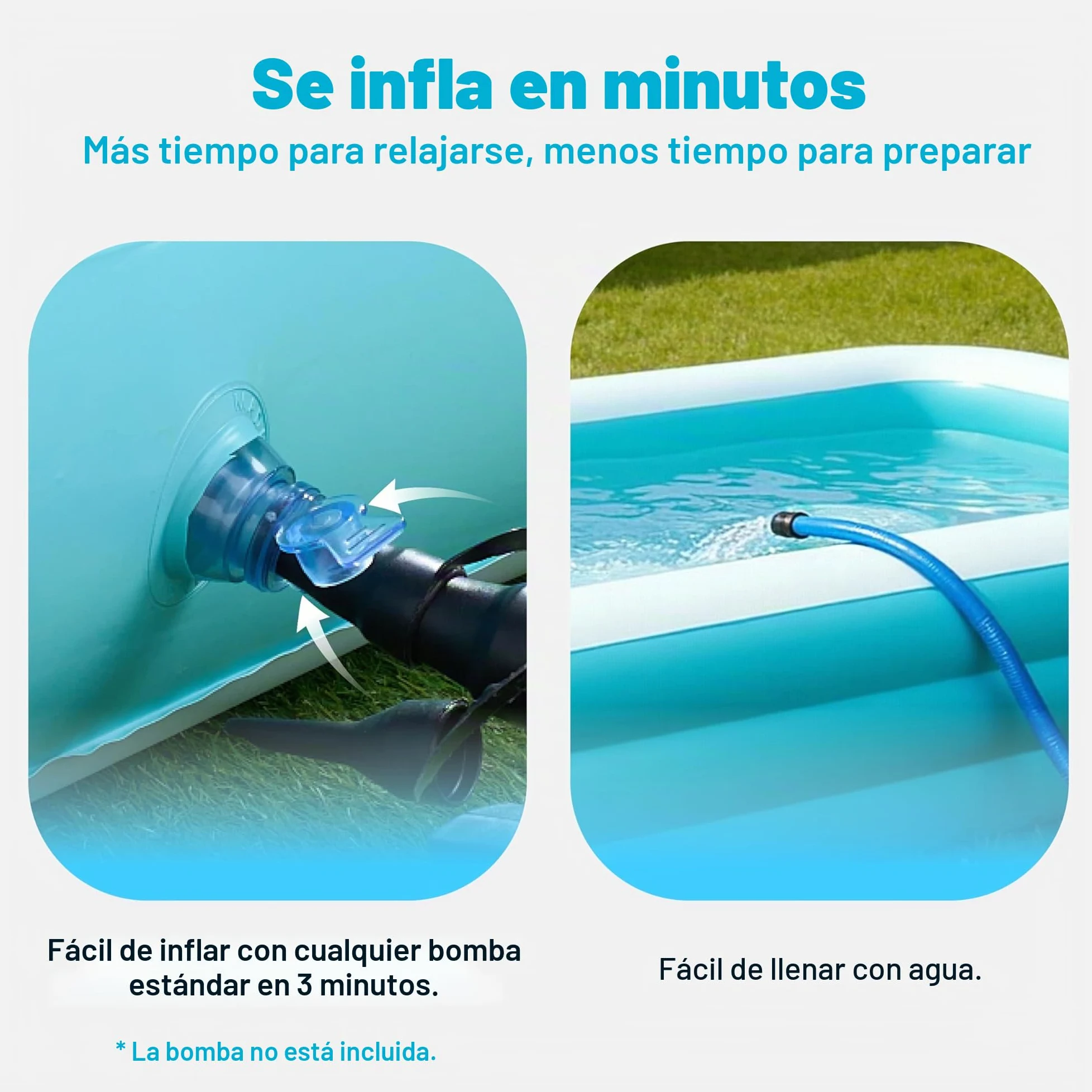 SLOOSH Piscina hinchable para adultos con asientos, 304,8 x 182,9 x 55,9 cm, tamaño natural, inflable, duradera, gruesa, gran piscina para jardín, césped, fiesta acuática de verano, cian