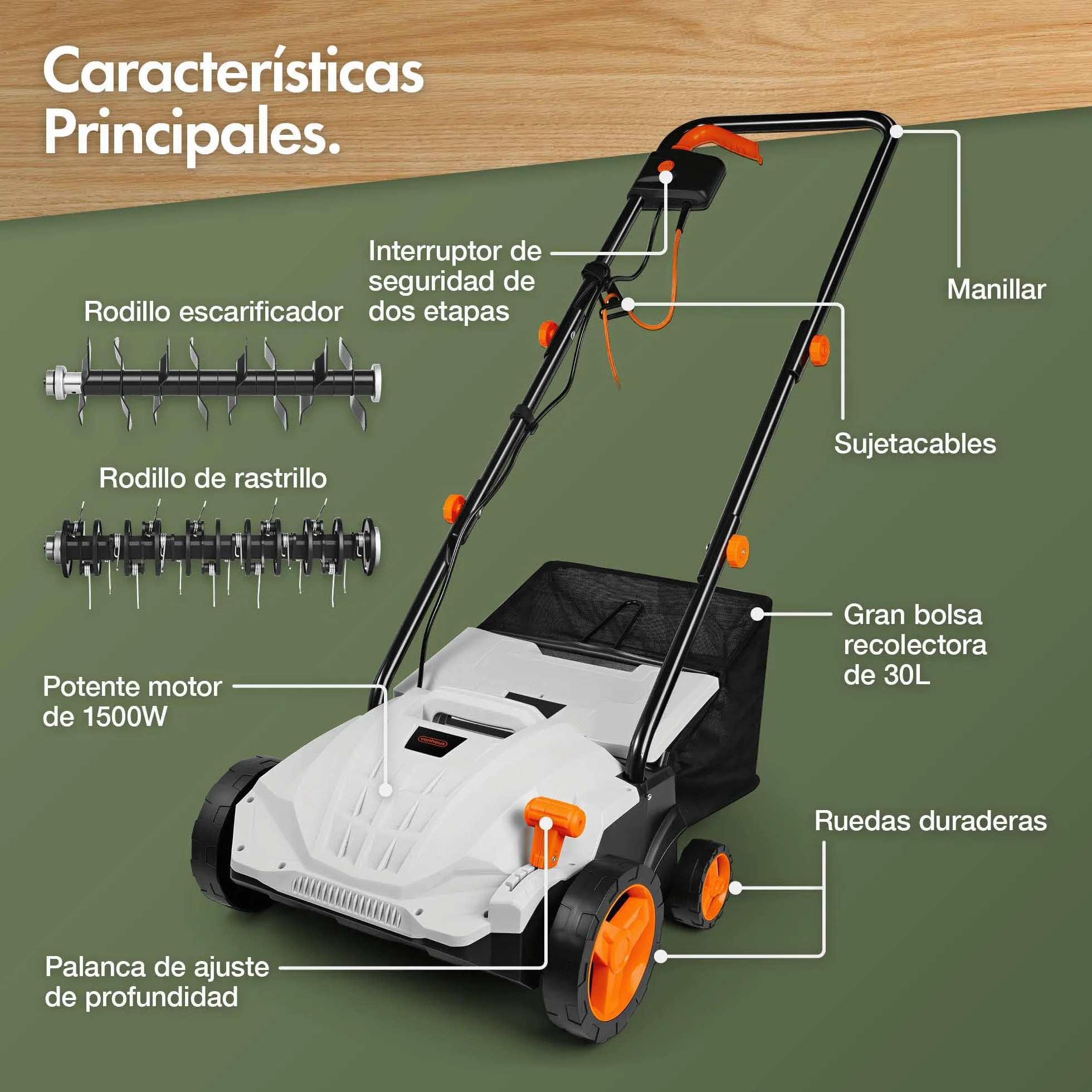 VonHaus Escarificador/Aireador/Rastrillo Eléctrico 1500W – Para Escarificar Y Rastrillar El Césped, Elimina Fieltro, Musgo Y Hojas Secas, Aireación Del Suelo, Caja 30L, 4 Alturas, Ancho 32cm