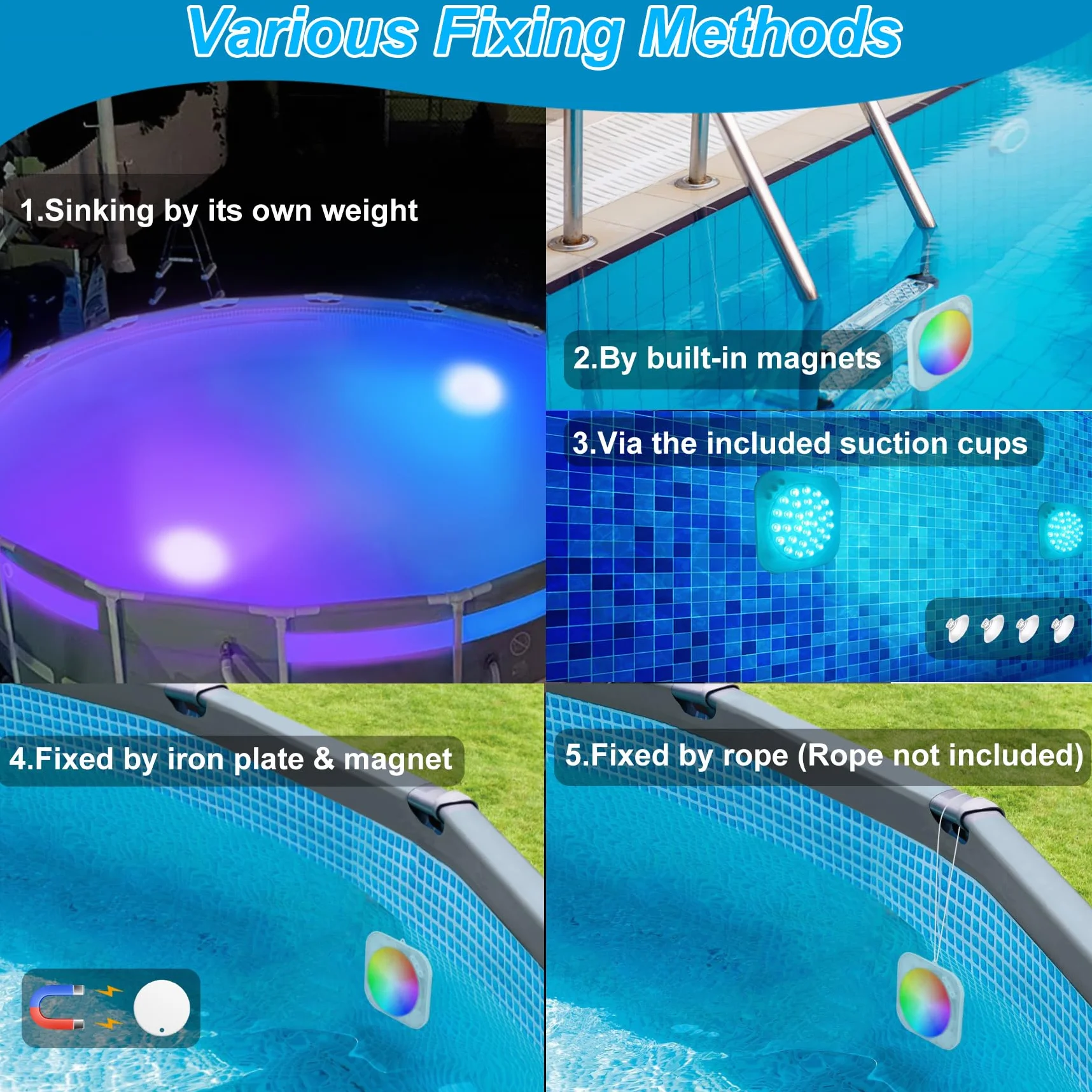 DeeprBlu Luce Piscina Inalámbrica con Control Remoto, Luces Piscina Sumergibles Recargables para Piscinas Elevadas, Focos Piscinas LED Sumergibles, Luz Magnetica con Ventosas, Luces Bañera para Spa