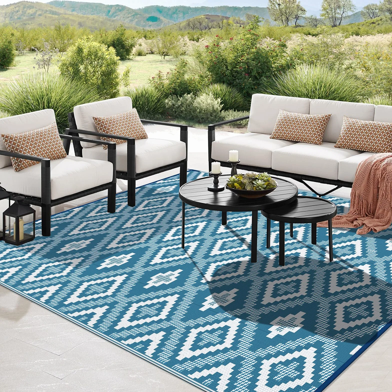 Enyhom Alfombra impermeable para exteriores, grande, reversible, de plástico, para jardín, resistente a los rayos UV, plegable, para camping, balcón, terraza, 240 x 300 cm, color verde azulado